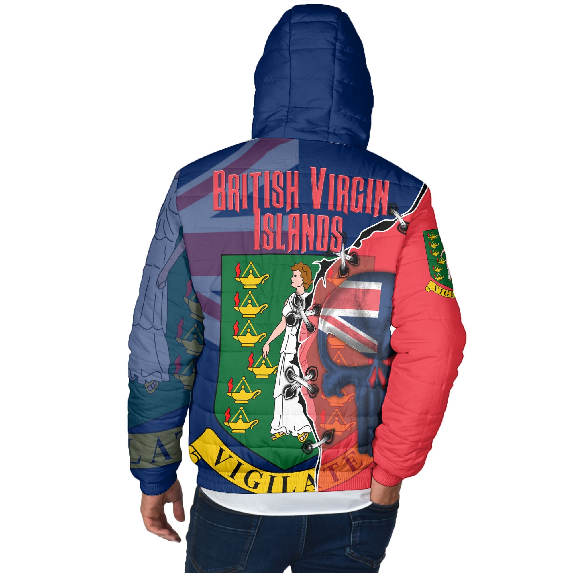 British Virgin Islands Men Hooded Padded Jacket Flag & Coat Of Arms Skull Style