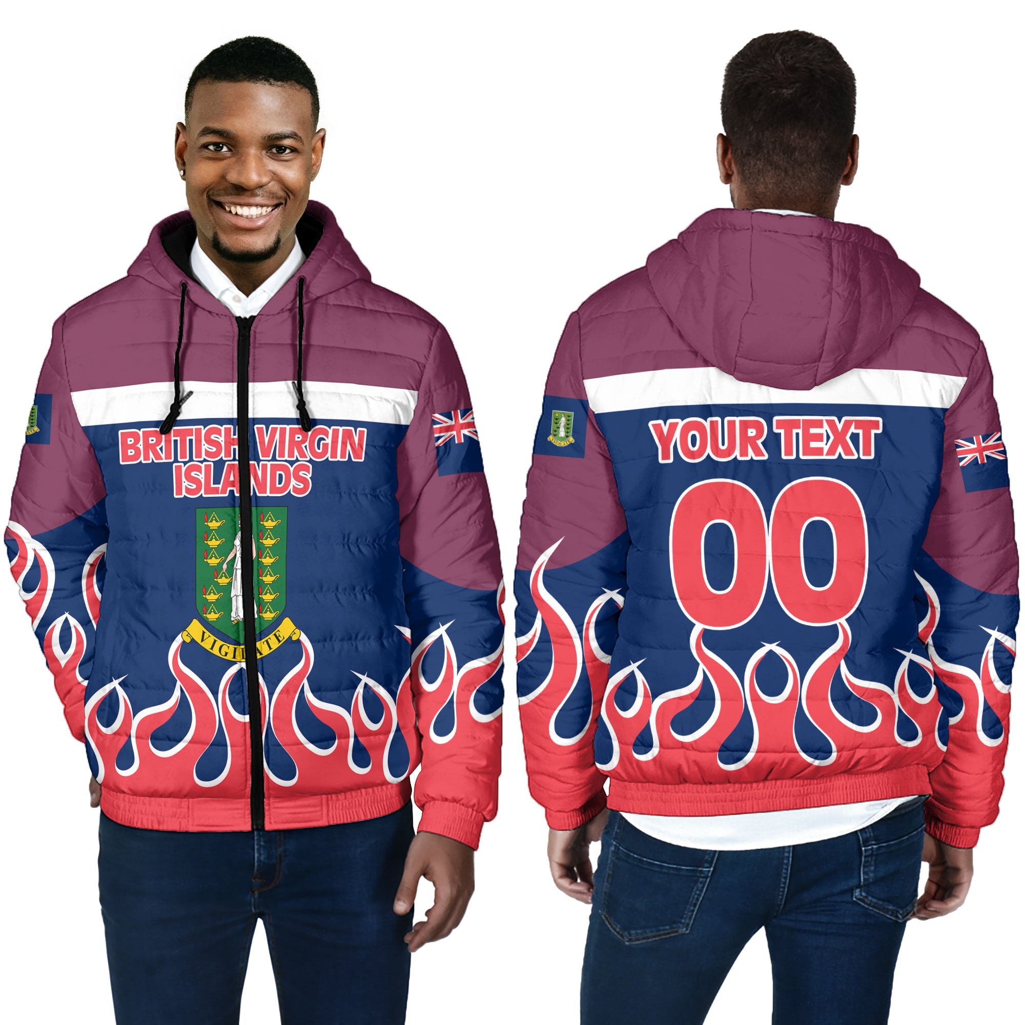 British Virgin Islands Men Hooded Padded Jacket Flag & Coat Of Arms Fire Hockey Style