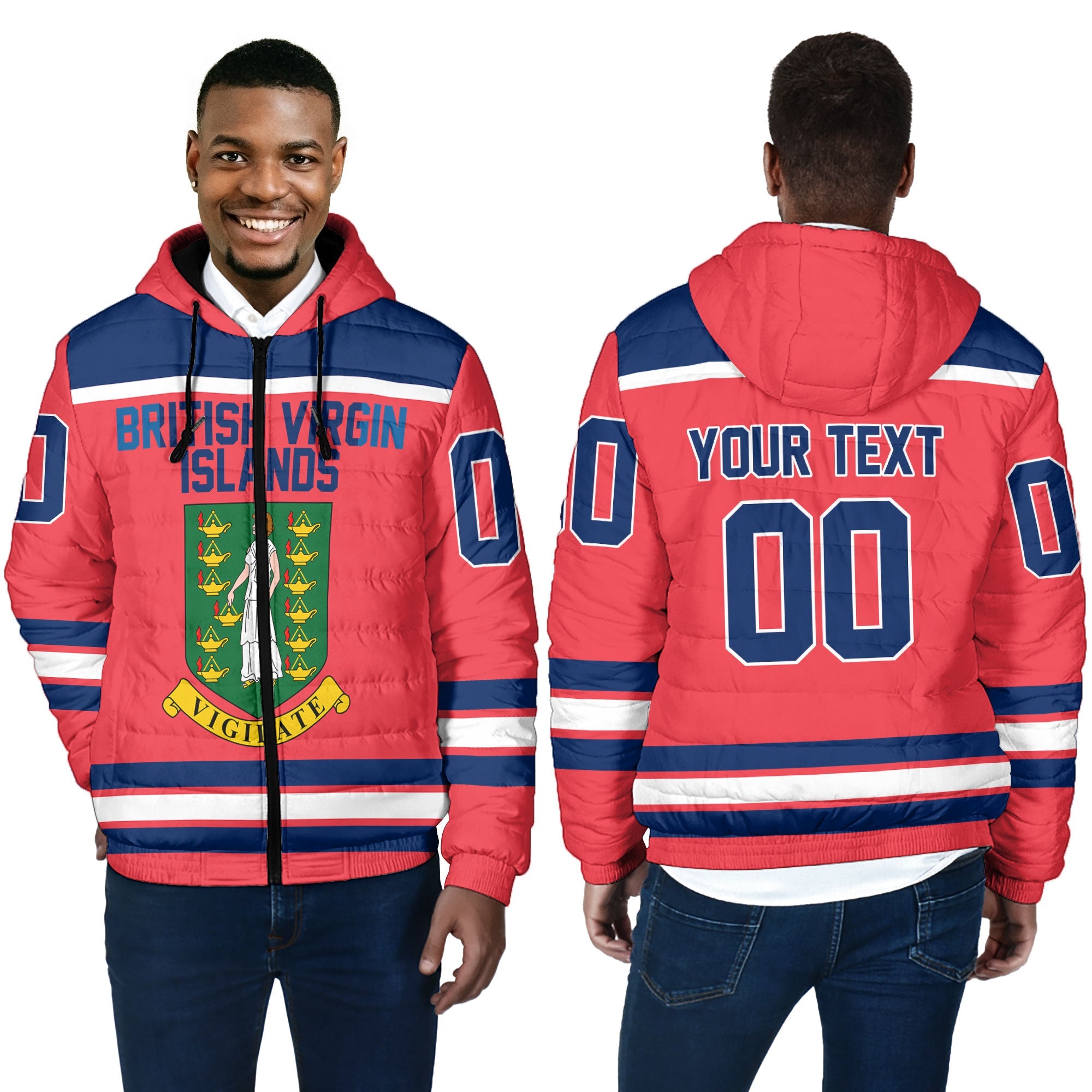 British Virgin Islands Men Hooded Padded Jacket Flag & Coat Of Arms Hockey Style