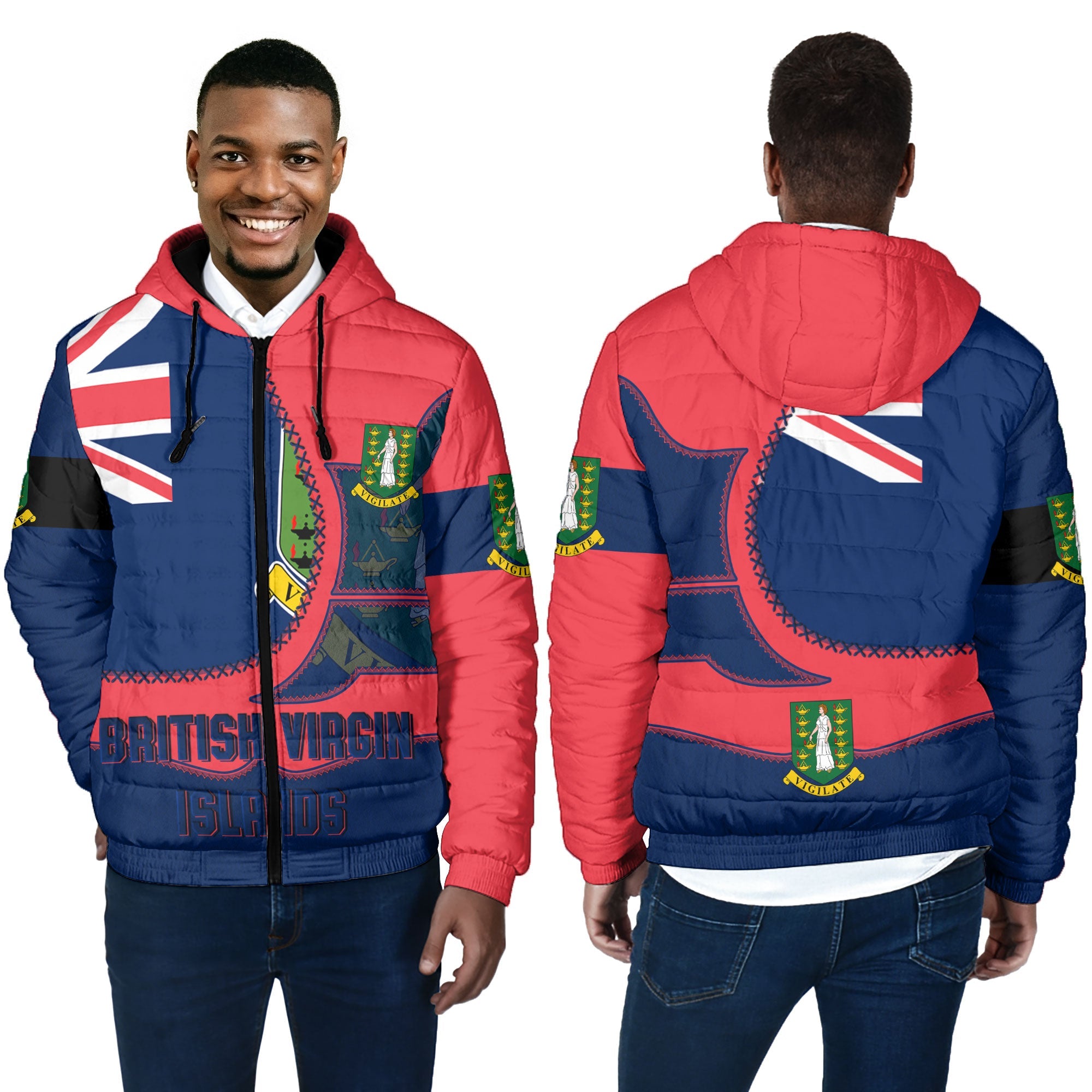 British Virgin Islands Men Hooded Padded Jacket Flag & Coat Of Arms Leather Style