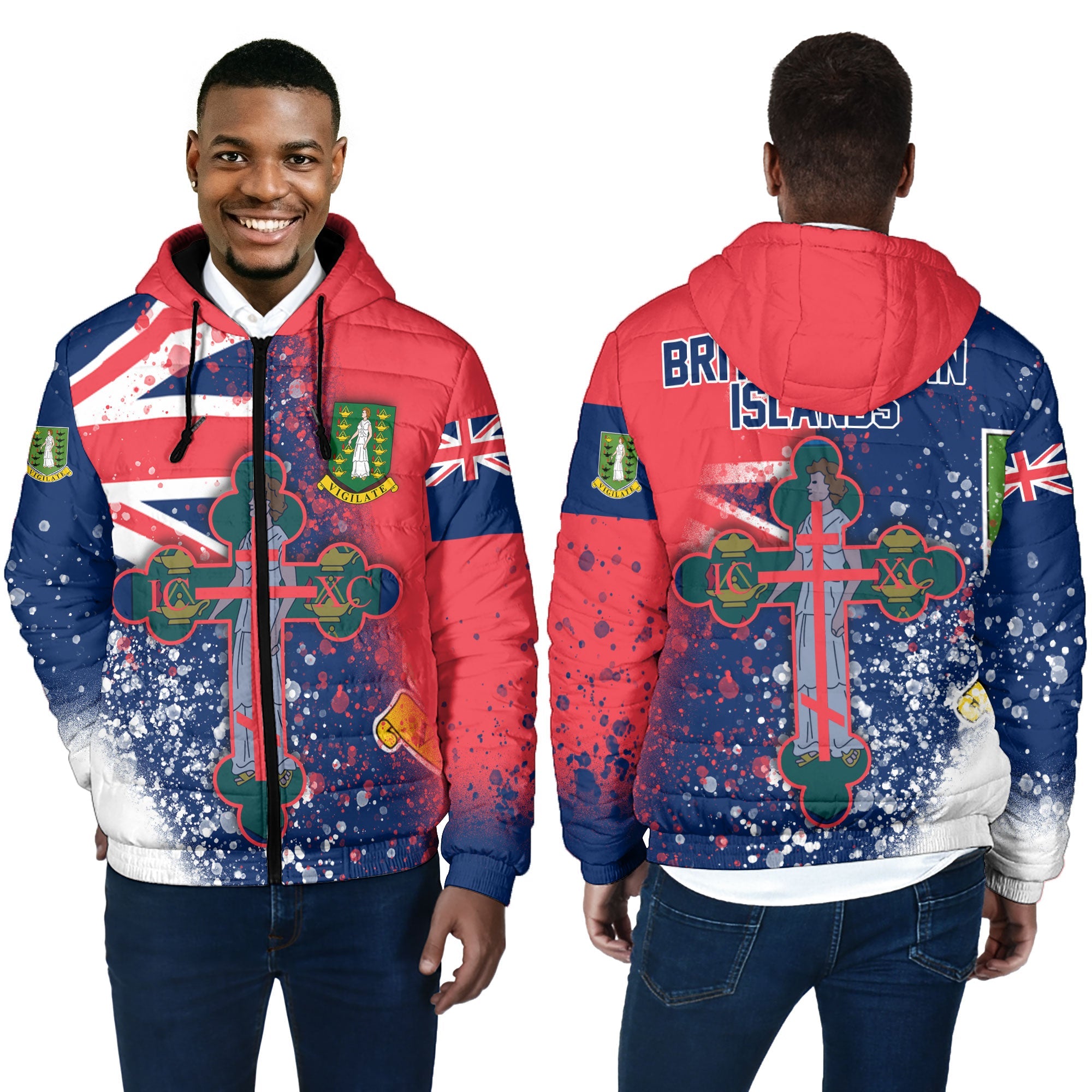 British Virgin Islands Men Hooded Padded Jacket Flag & Coat Of Arms Orthodox Style