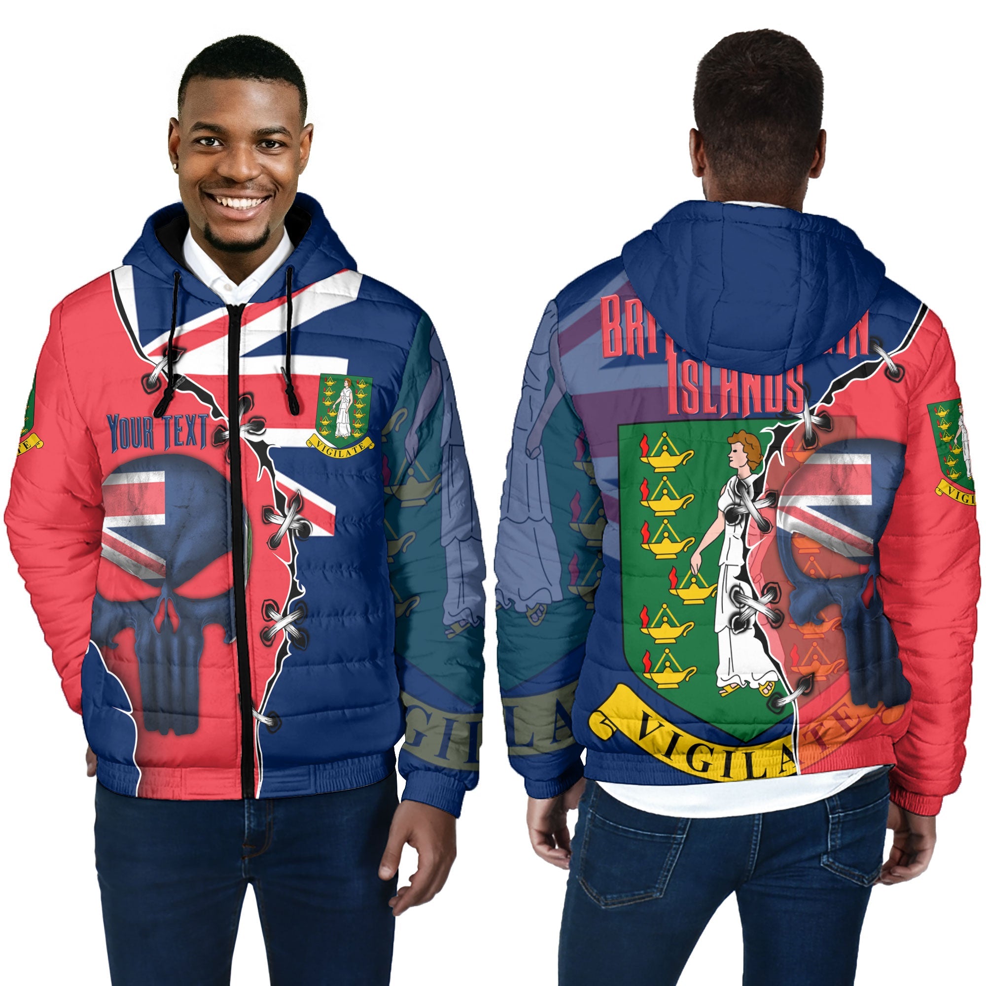 British Virgin Islands Men Hooded Padded Jacket Flag & Coat Of Arms Skull Style