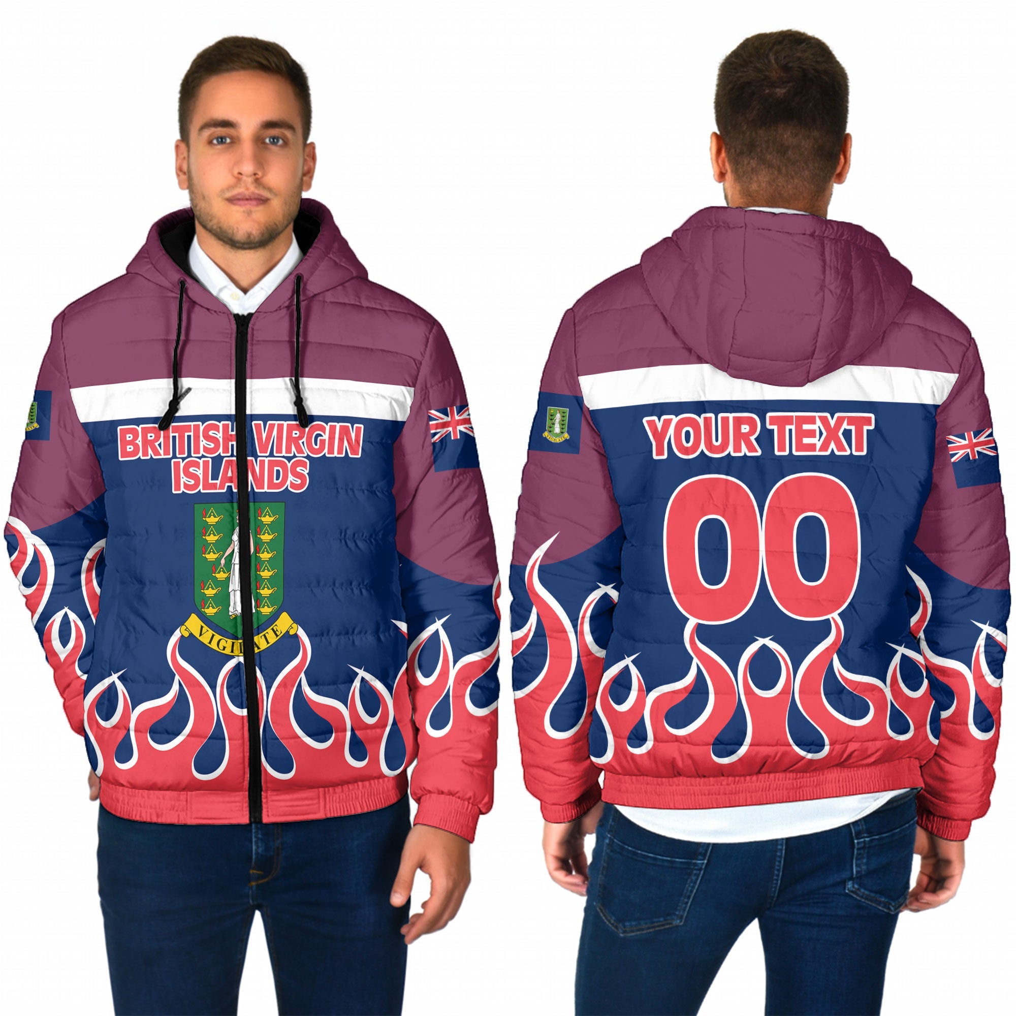 British Virgin Islands Men Hooded Padded Jacket Flag & Coat Of Arms Fire Hockey Style