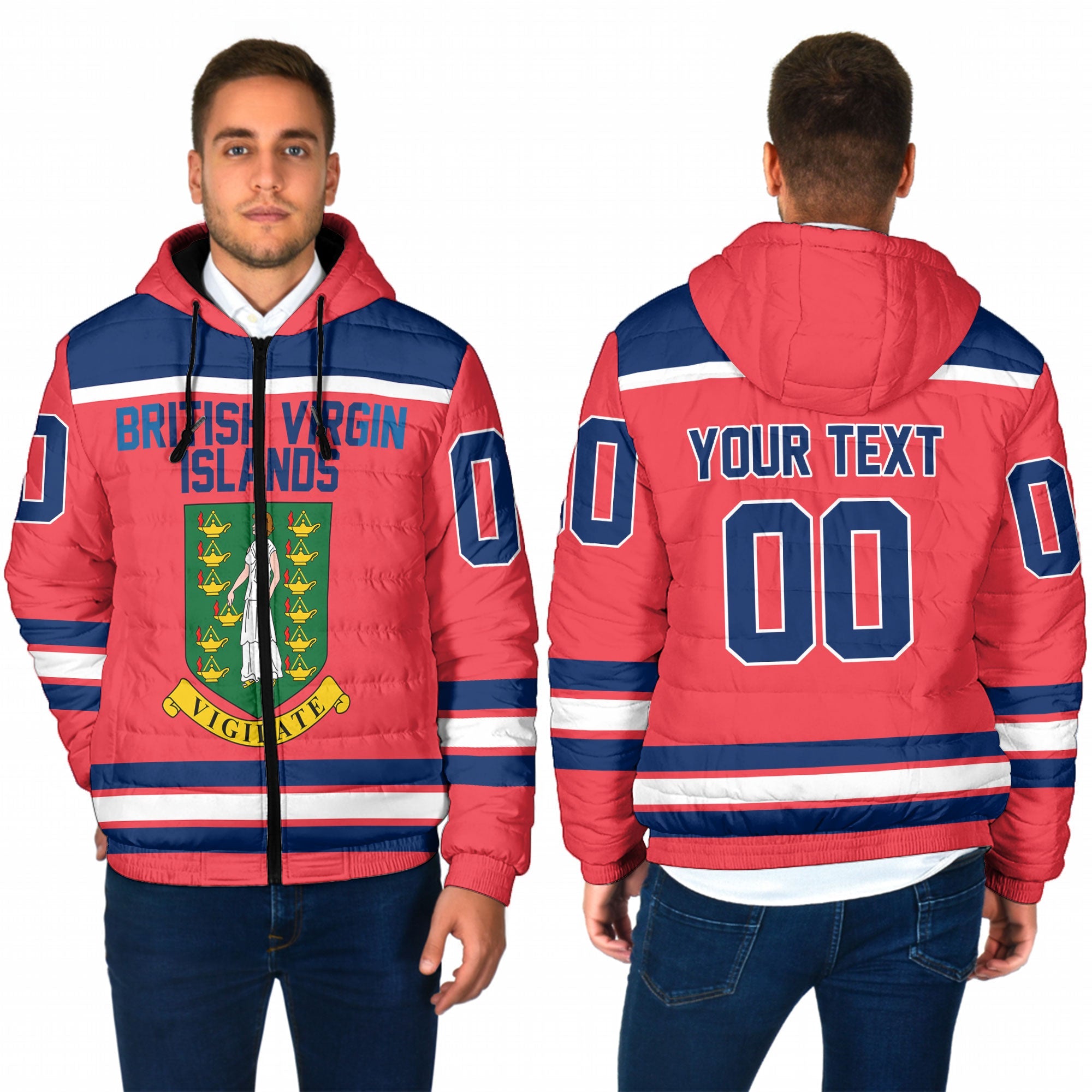 British Virgin Islands Men Hooded Padded Jacket Flag & Coat Of Arms Hockey Style