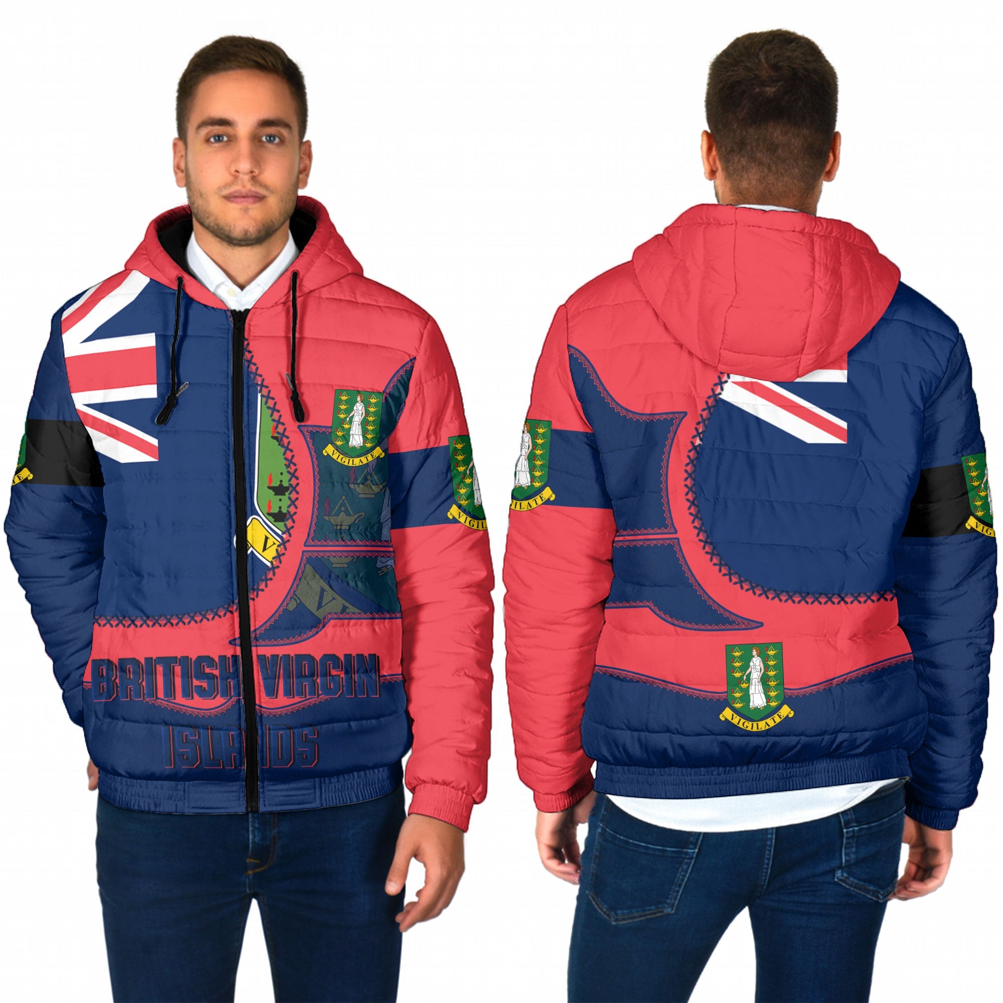 British Virgin Islands Men Hooded Padded Jacket Flag & Coat Of Arms Leather Style