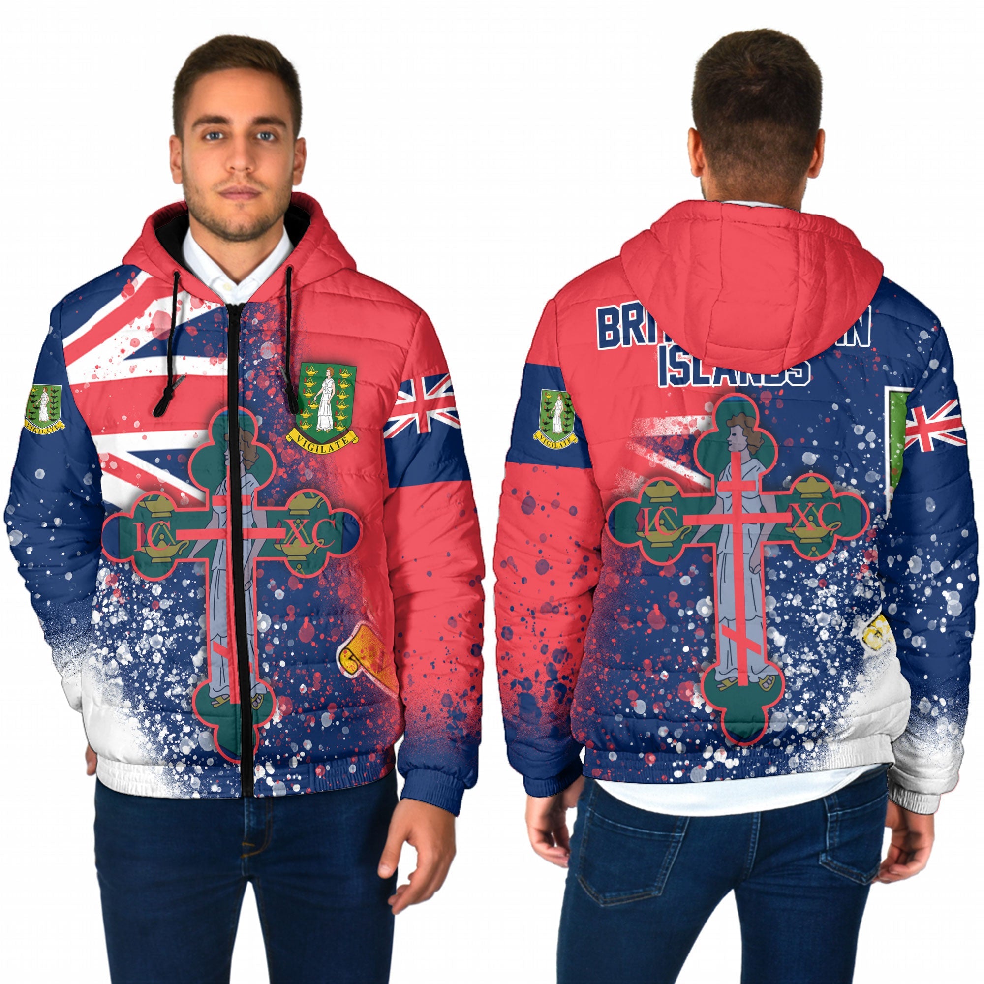 British Virgin Islands Men Hooded Padded Jacket Flag & Coat Of Arms Orthodox Style