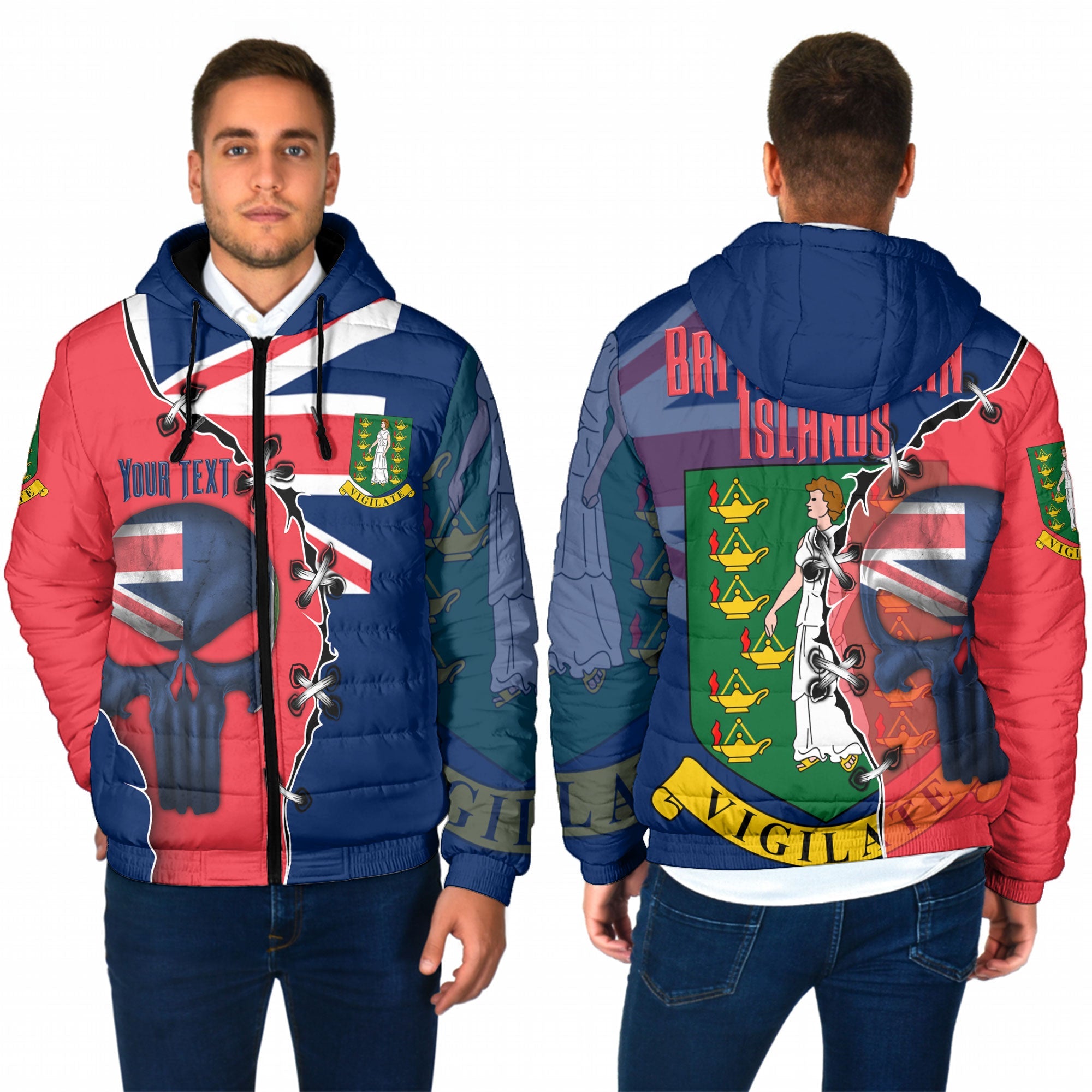 British Virgin Islands Men Hooded Padded Jacket Flag & Coat Of Arms Skull Style