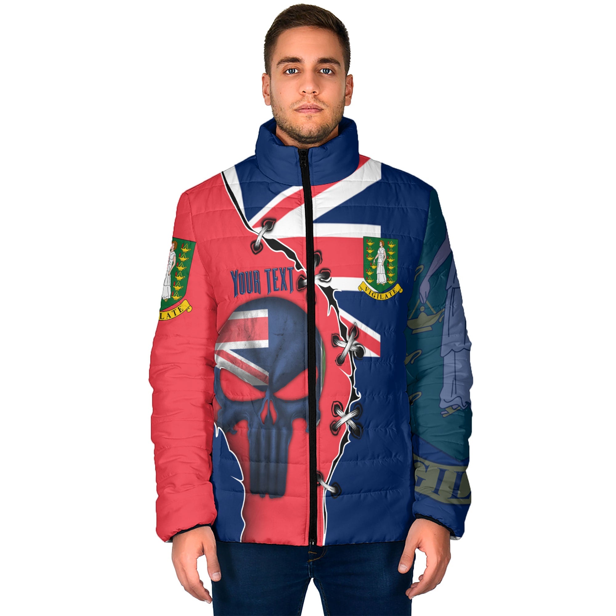 British Virgin Islands Men Padded Jacket Flag & Coat Of Arms Skull Style