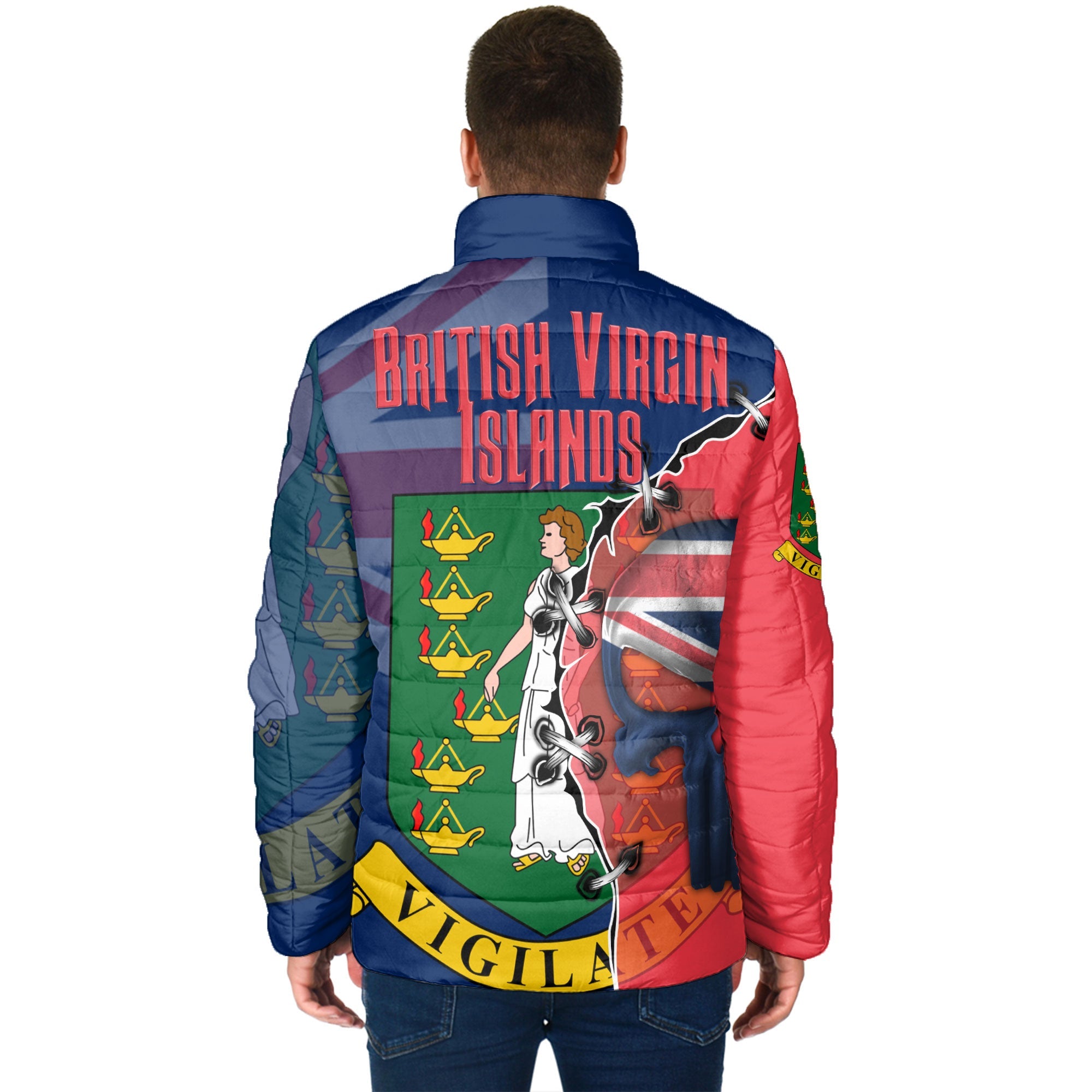 British Virgin Islands Men Padded Jacket Flag & Coat Of Arms Skull Style