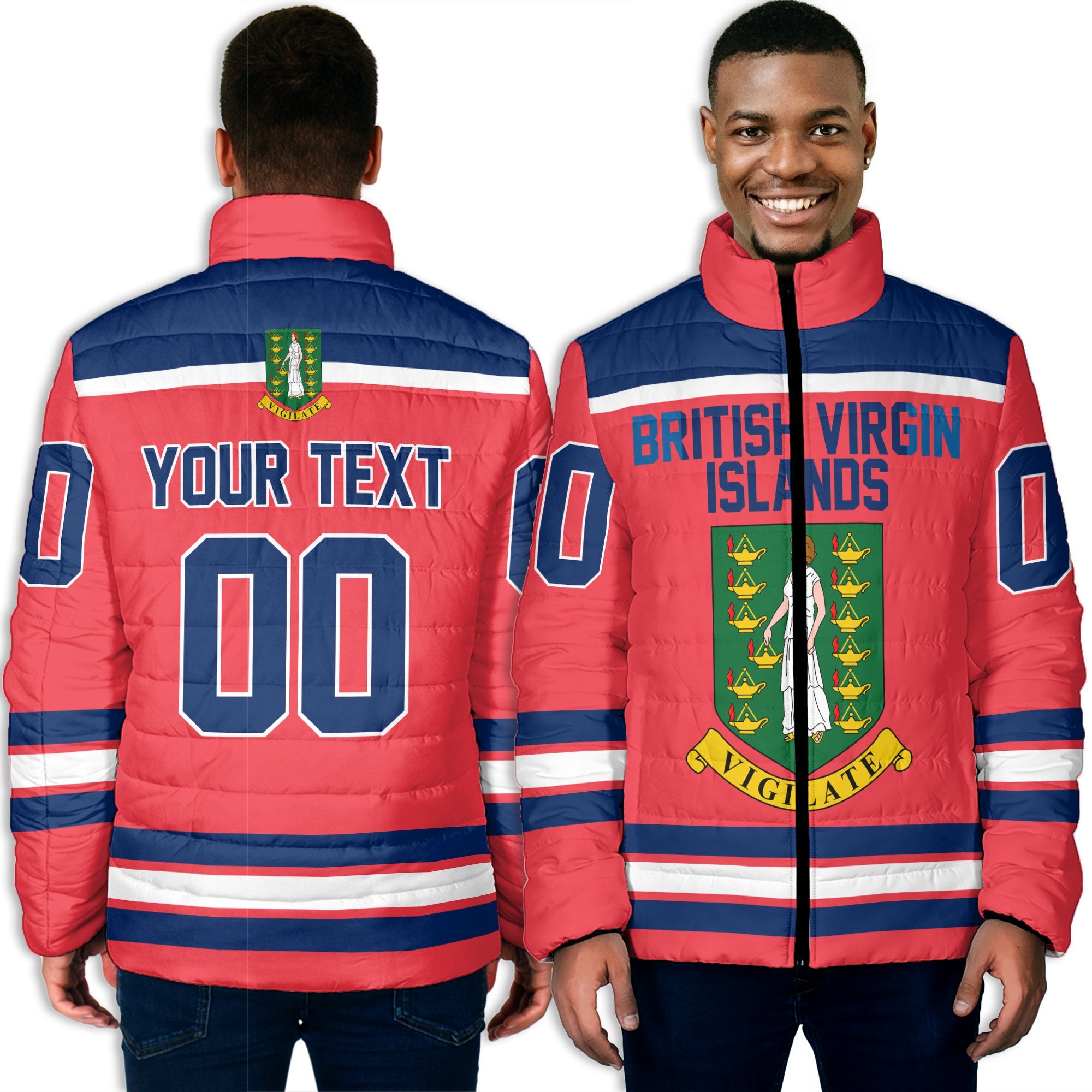 British Virgin Islands Men Padded Jacket Flag & Coat Of Arms Hockey Style