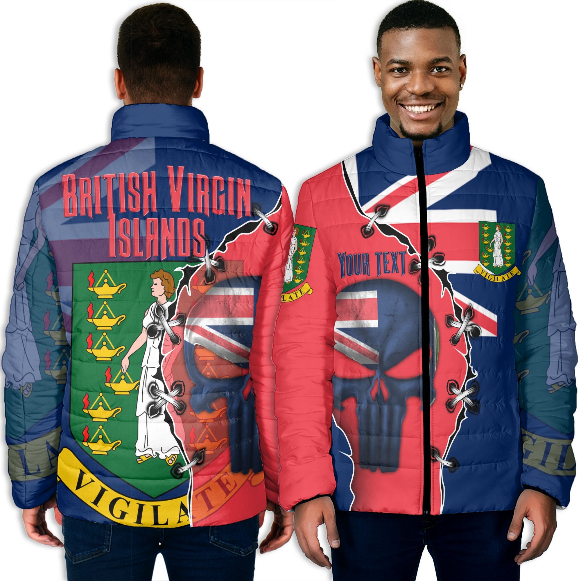 British Virgin Islands Men Padded Jacket Flag & Coat Of Arms Skull Style