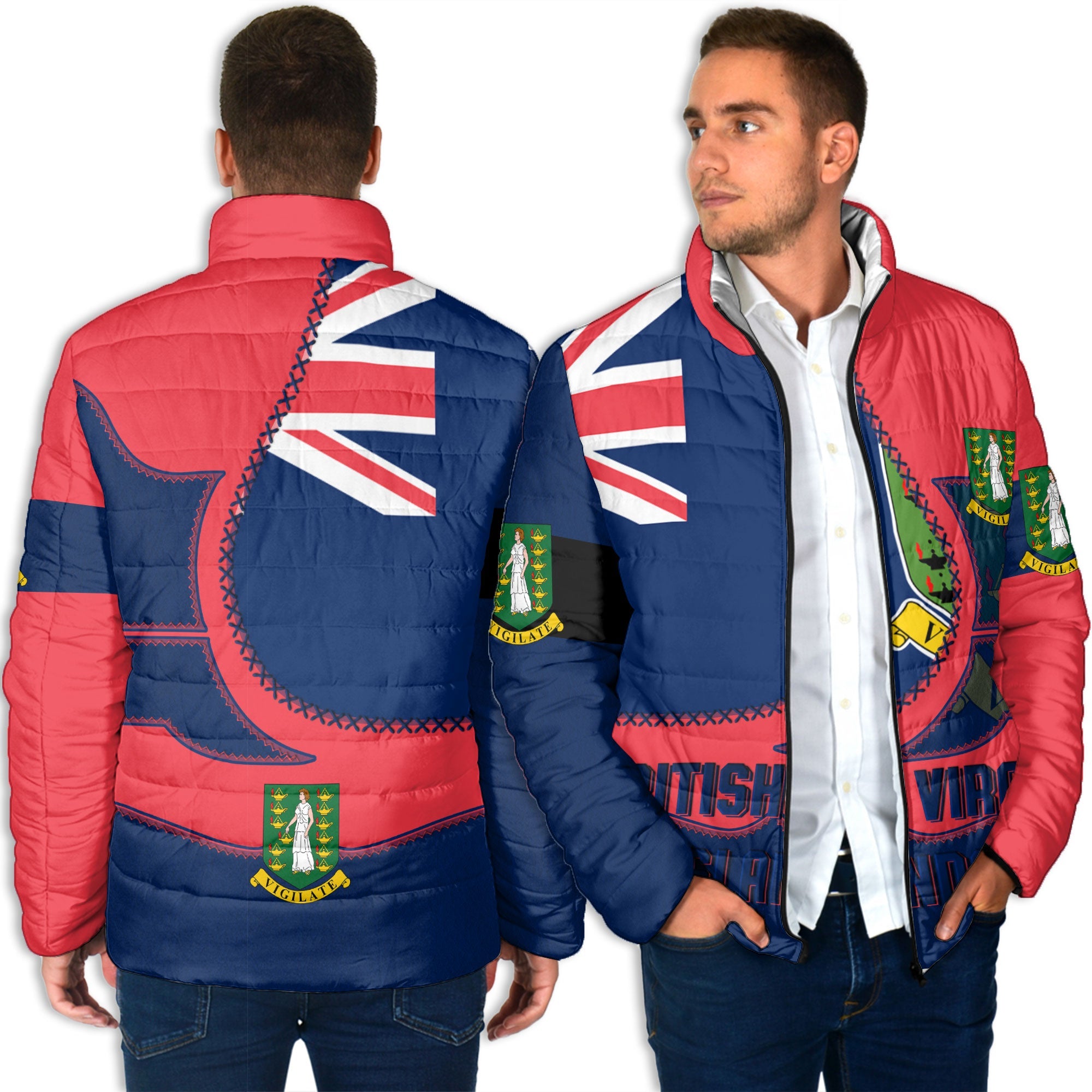 British Virgin Islands Men Padded Jacket Flag & Coat Of Arms Leather Style