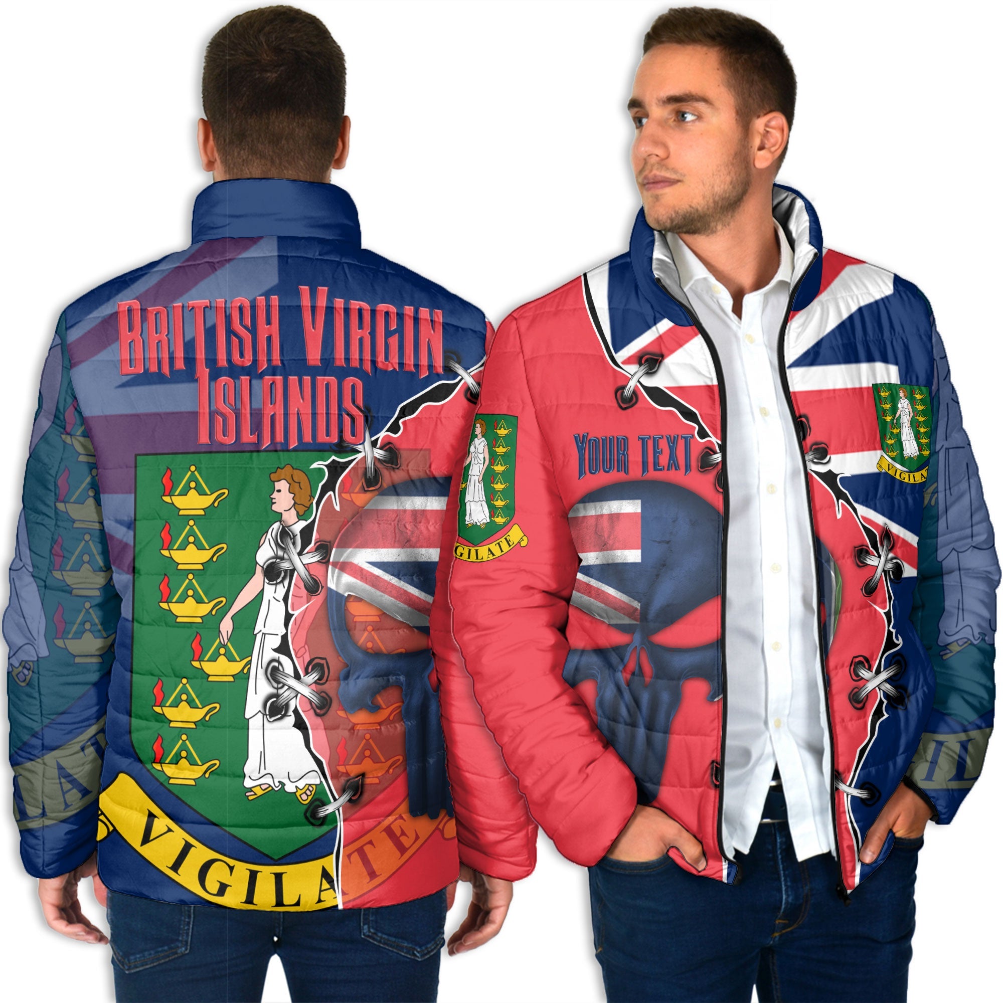 British Virgin Islands Men Padded Jacket Flag & Coat Of Arms Skull Style