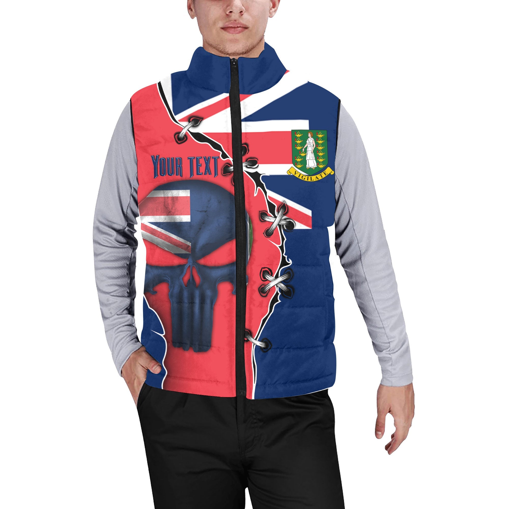 British Virgin Islands Men Padded Jacket Vest Flag & Coat Of Arms Skull Style