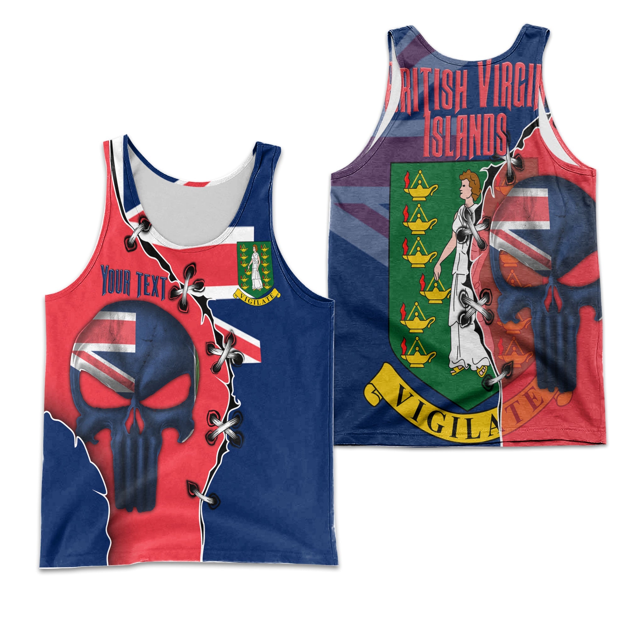 British Virgin Islands Men Tank Top Flag & Coat Of Arms Skull Style