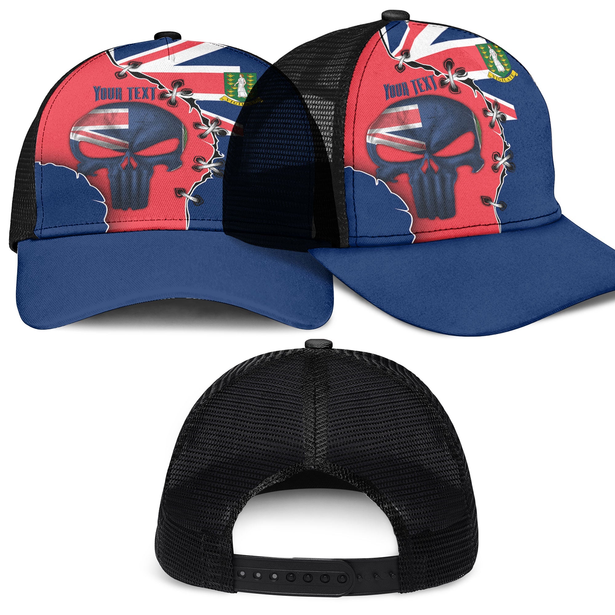 British Virgin Islands Mesh Back Cap Flag & Coat Of Arms Skull Style