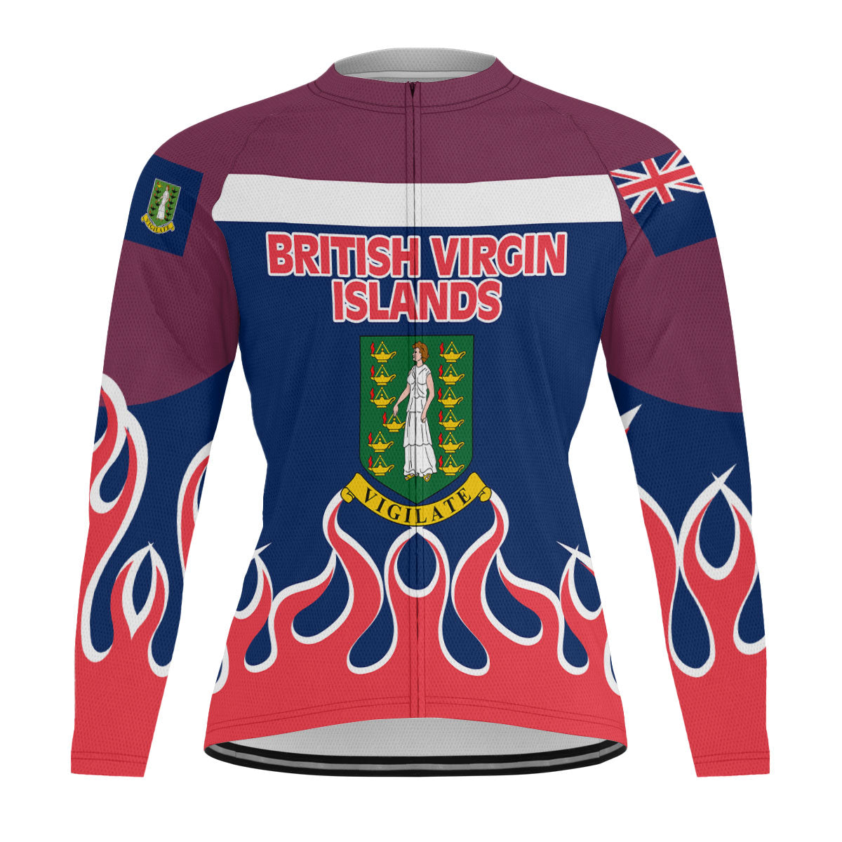 British Virgin Islands Men's Cycling Jersey Long Sleeve Flag & Coat Of Arms Fire Hockey Style