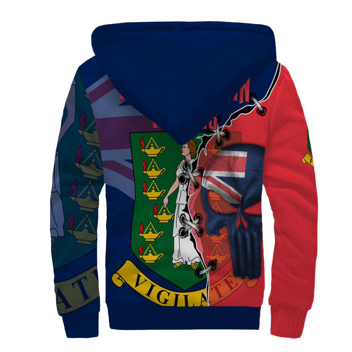 British Virgin Islands Sherpa Hoodie Flag & Coat Of Arms Skull Style