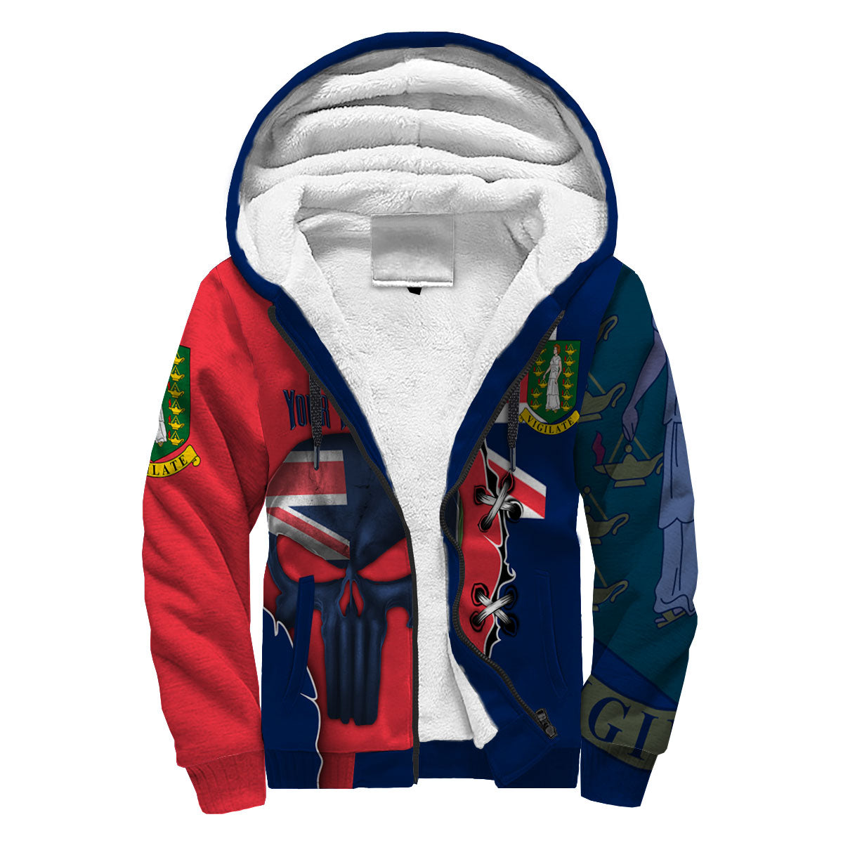 British Virgin Islands Sherpa Hoodie Flag & Coat Of Arms Skull Style