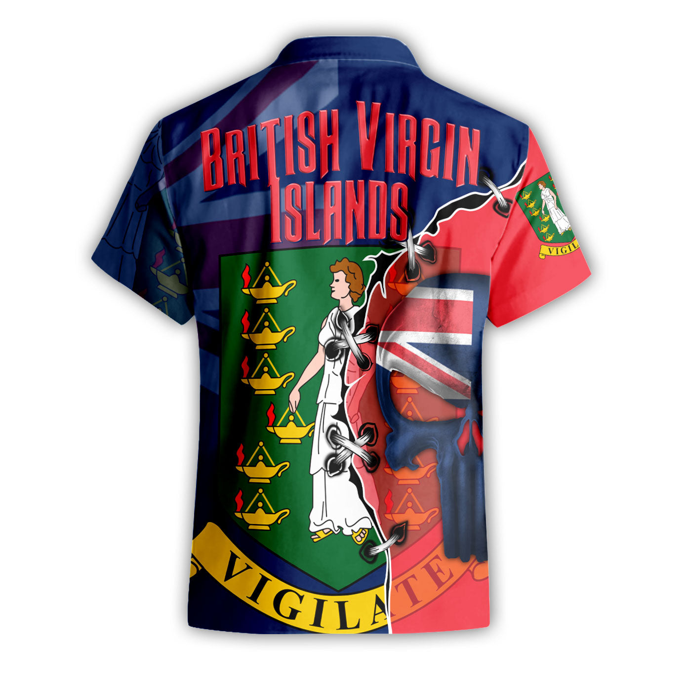 British Virgin Islands Short Sleeve Shirt Flag & Coat Of Arms Skull Style