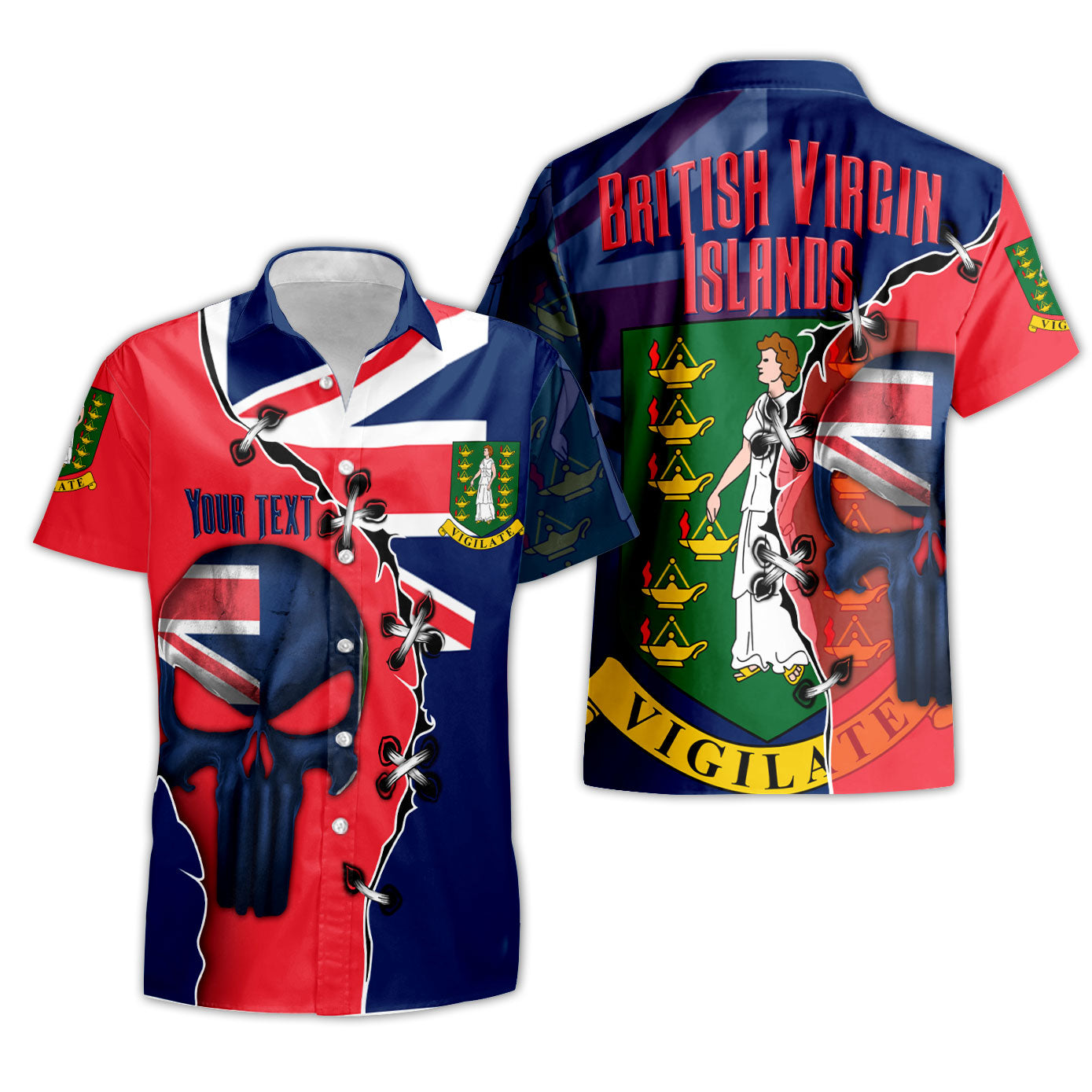 British Virgin Islands Short Sleeve Shirt Flag & Coat Of Arms Skull Style