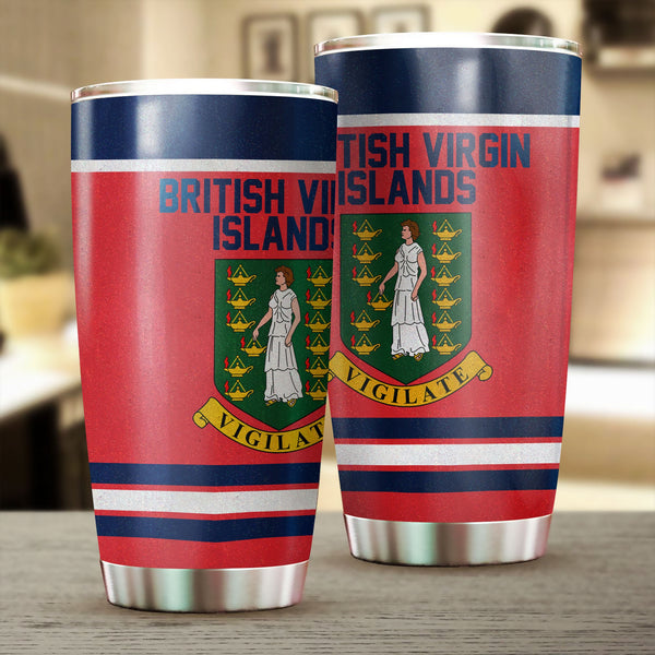 British Virgin Islands Stainless Steel Glitter Tumbler Flag & Coat Of Arms Hockey Style