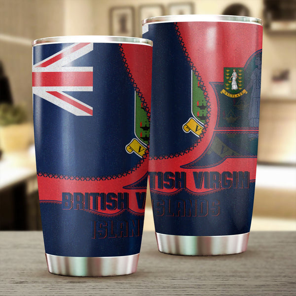 British Virgin Islands Stainless Steel Glitter Tumbler Flag & Coat Of Arms Leather Style