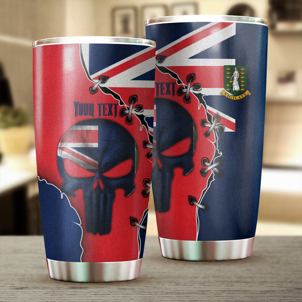 British Virgin Islands Stainless Steel Glitter Tumbler Flag & Coat Of Arms Skull Style