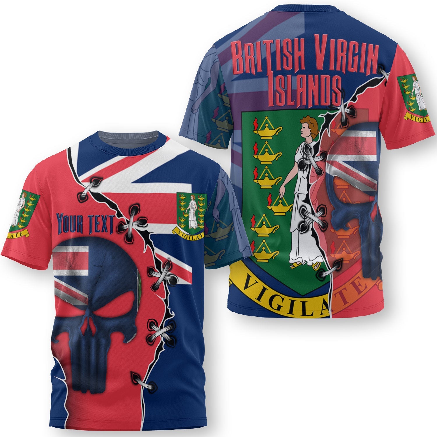 British Virgin Islands T Shirt Flag & Coat Of Arms Skull Style