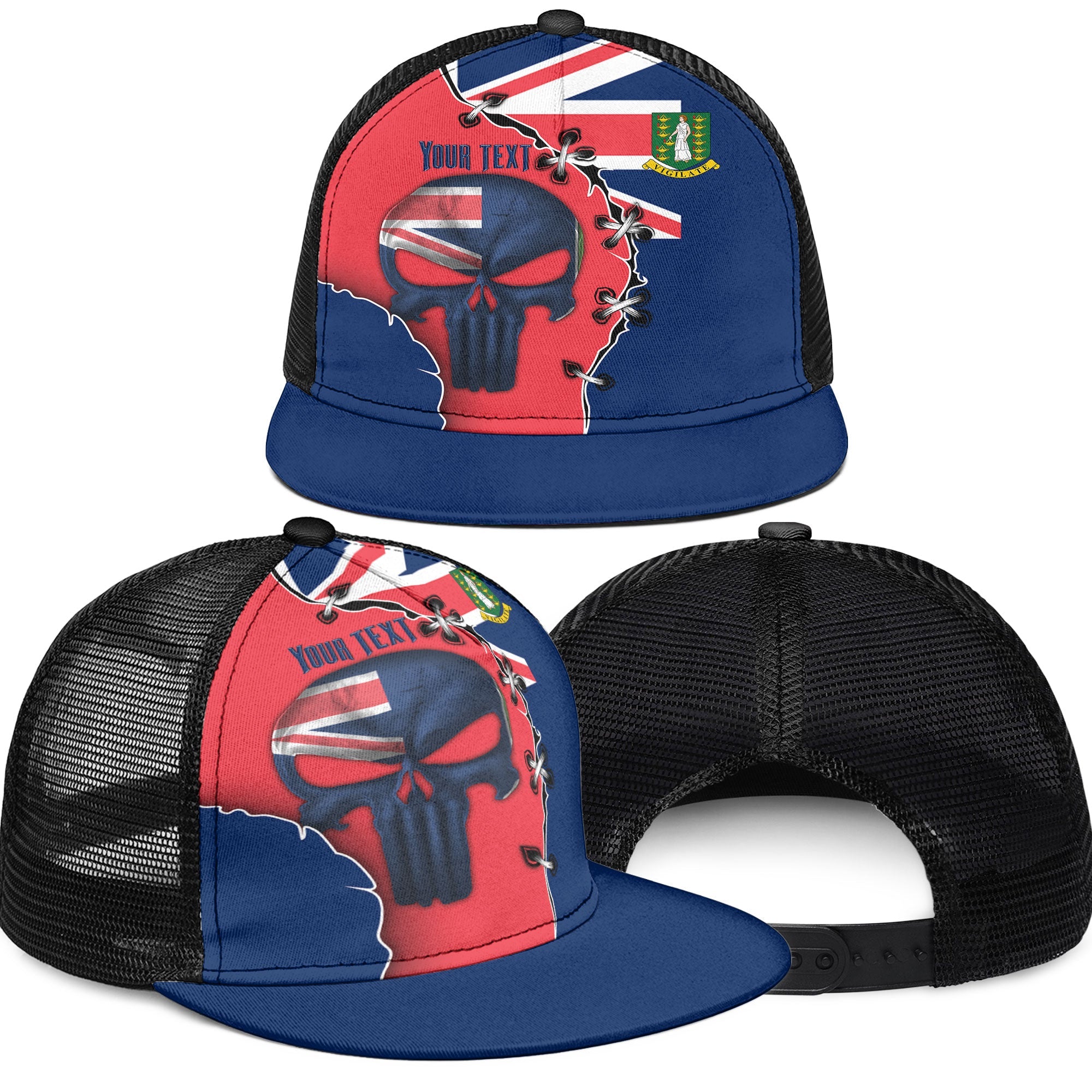 British Virgin Islands Trucker Hat Flag & Coat Of Arms Skull Style