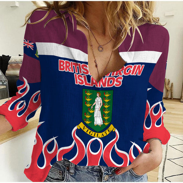 British Virgin Islands Women Casual Shirt Flag & Coat Of Arms Fire Hockey Style