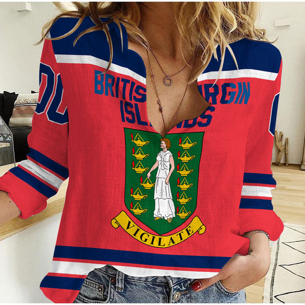 British Virgin Islands Women Casual Shirt Flag & Coat Of Arms Hockey Style