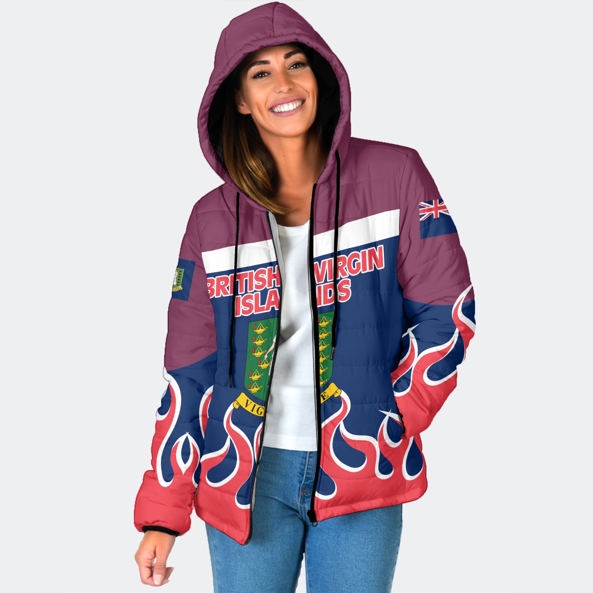 British Virgin Islands Women Hooded Padded Jacket Flag & Coat Of Arms Fire Hockey Style