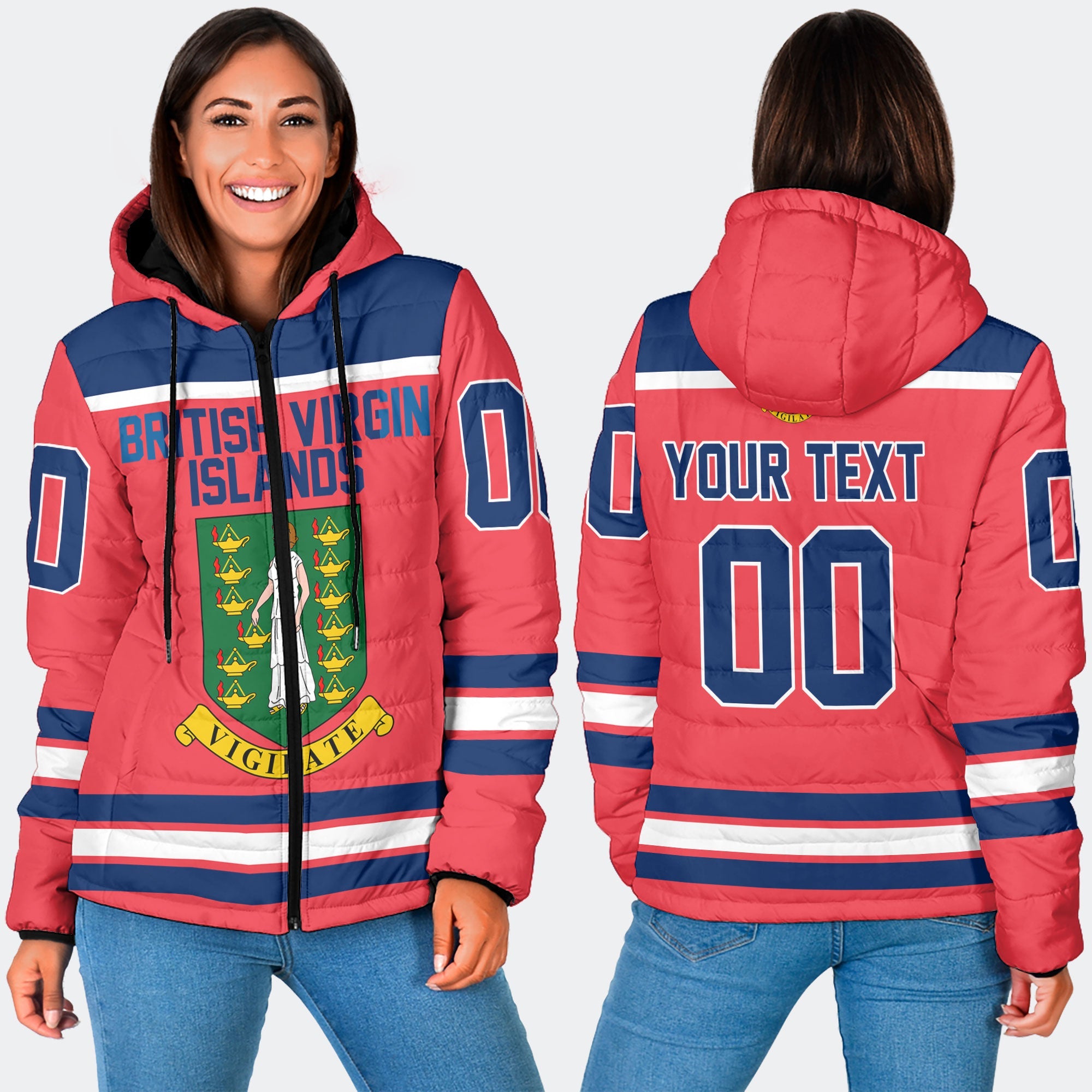 British Virgin Islands Women Hooded Padded Jacket Flag & Coat Of Arms Hockey Style