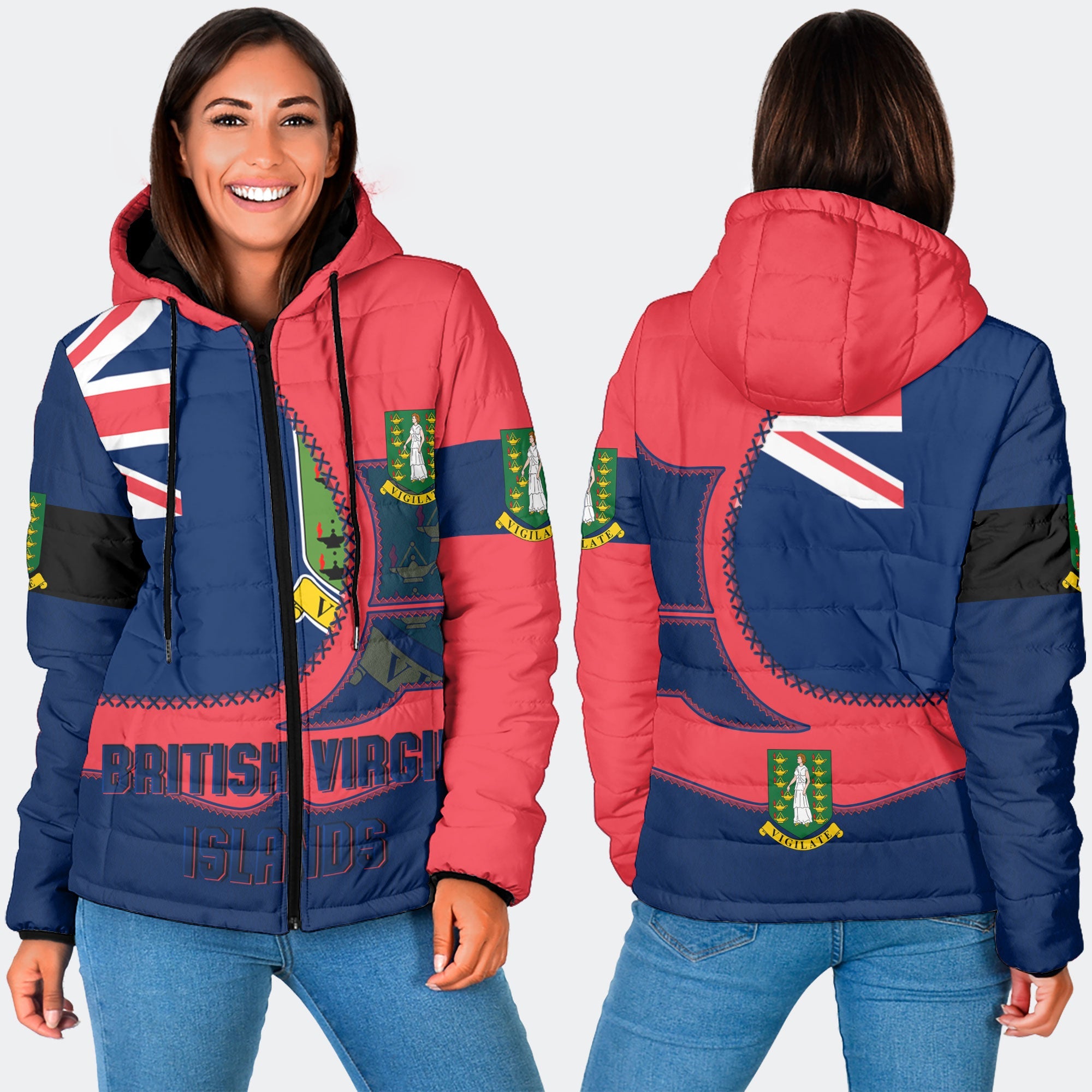 British Virgin Islands Women Hooded Padded Jacket Flag & Coat Of Arms Leather Style