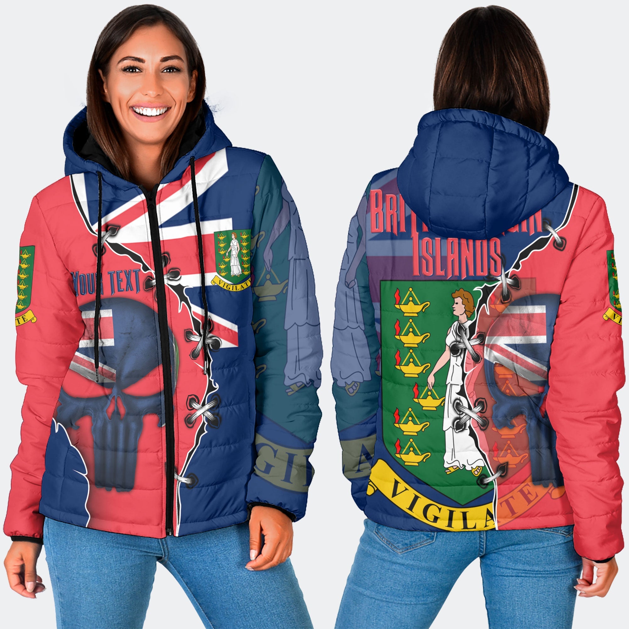 British Virgin Islands Women Hooded Padded Jacket Flag & Coat Of Arms Skull Style