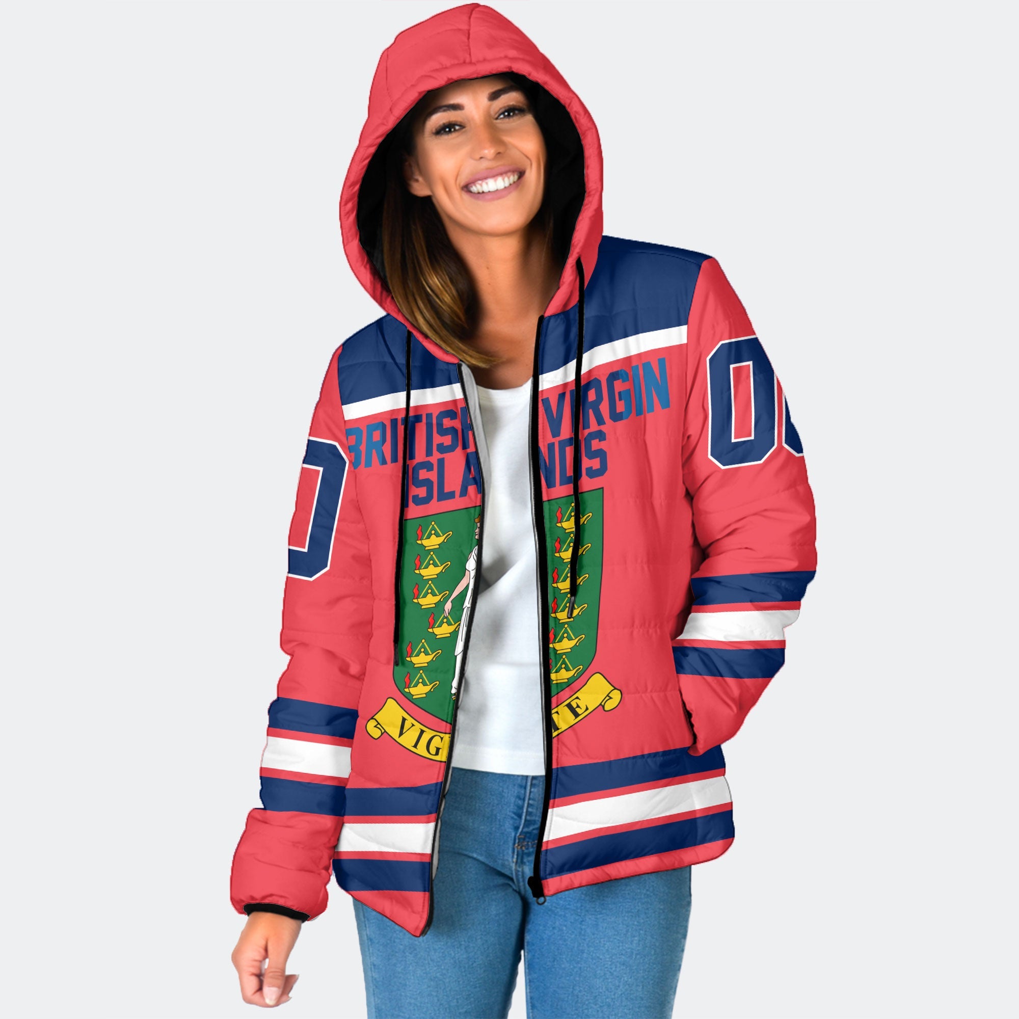 British Virgin Islands Women Hooded Padded Jacket Flag & Coat Of Arms Hockey Style