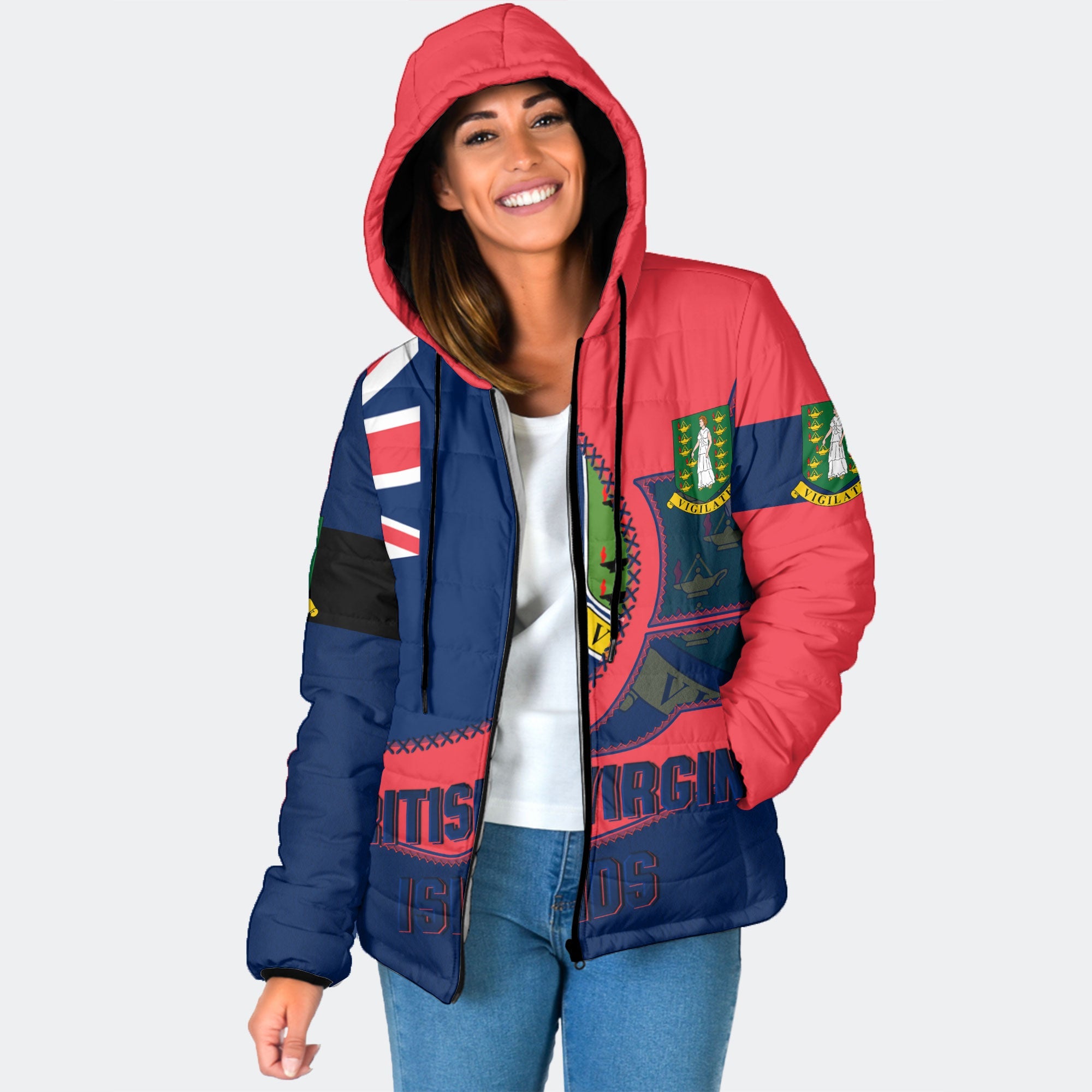 British Virgin Islands Women Hooded Padded Jacket Flag & Coat Of Arms Leather Style