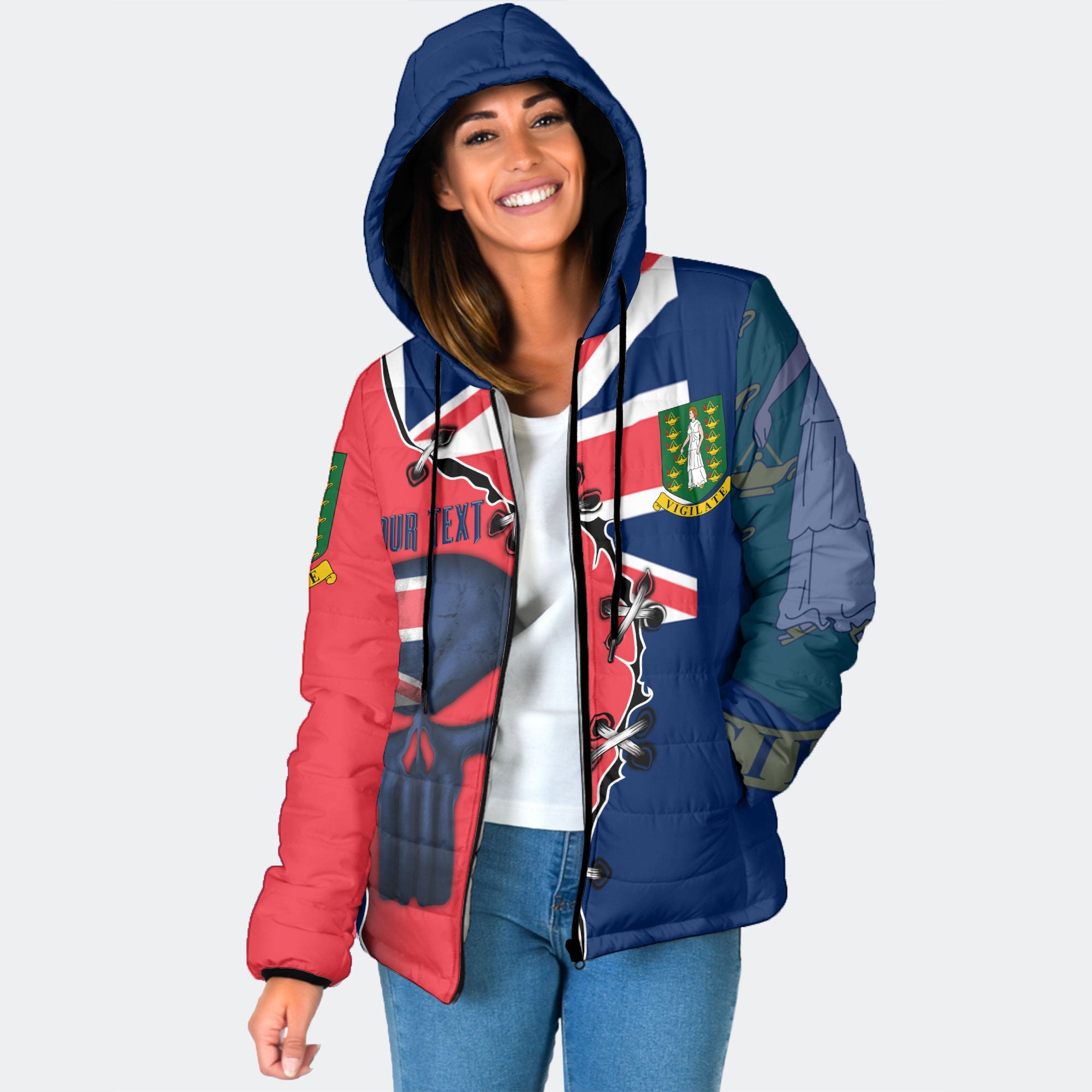 British Virgin Islands Women Hooded Padded Jacket Flag & Coat Of Arms Skull Style