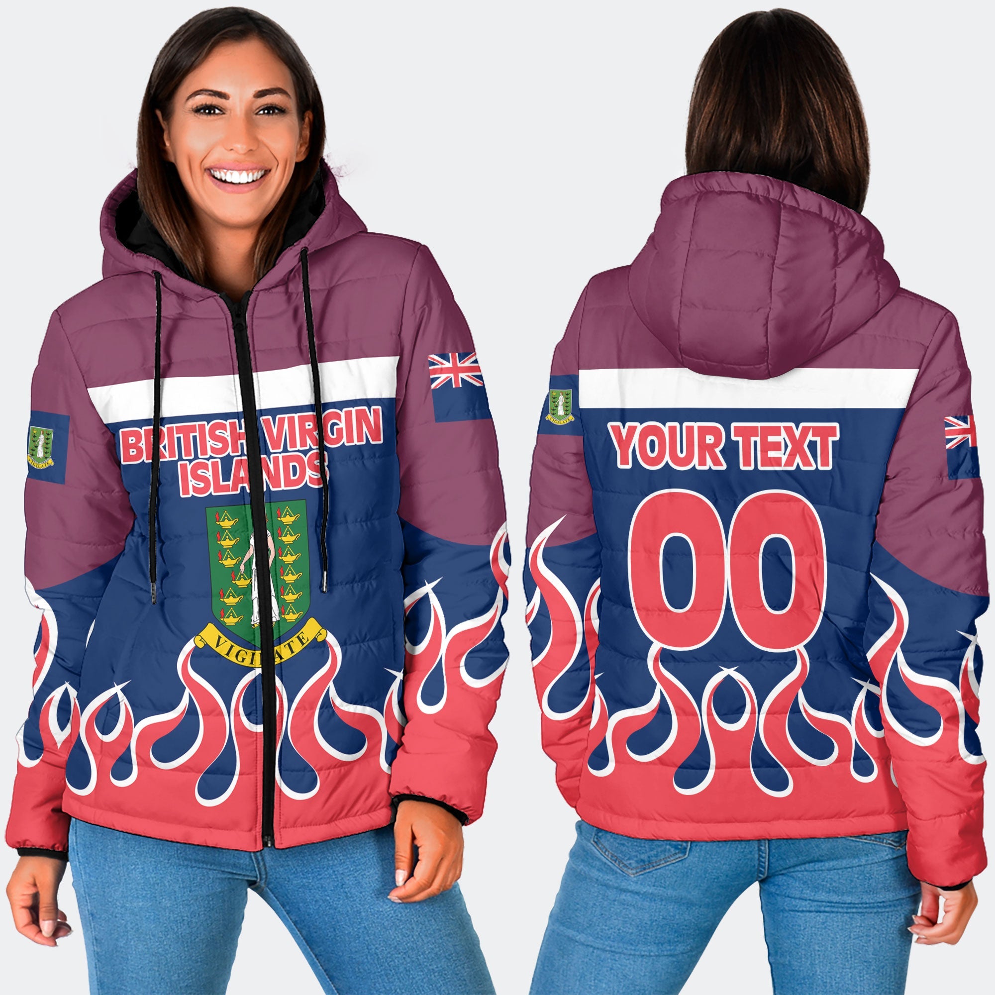 British Virgin Islands Women Hooded Padded Jacket Flag & Coat Of Arms Fire Hockey Style