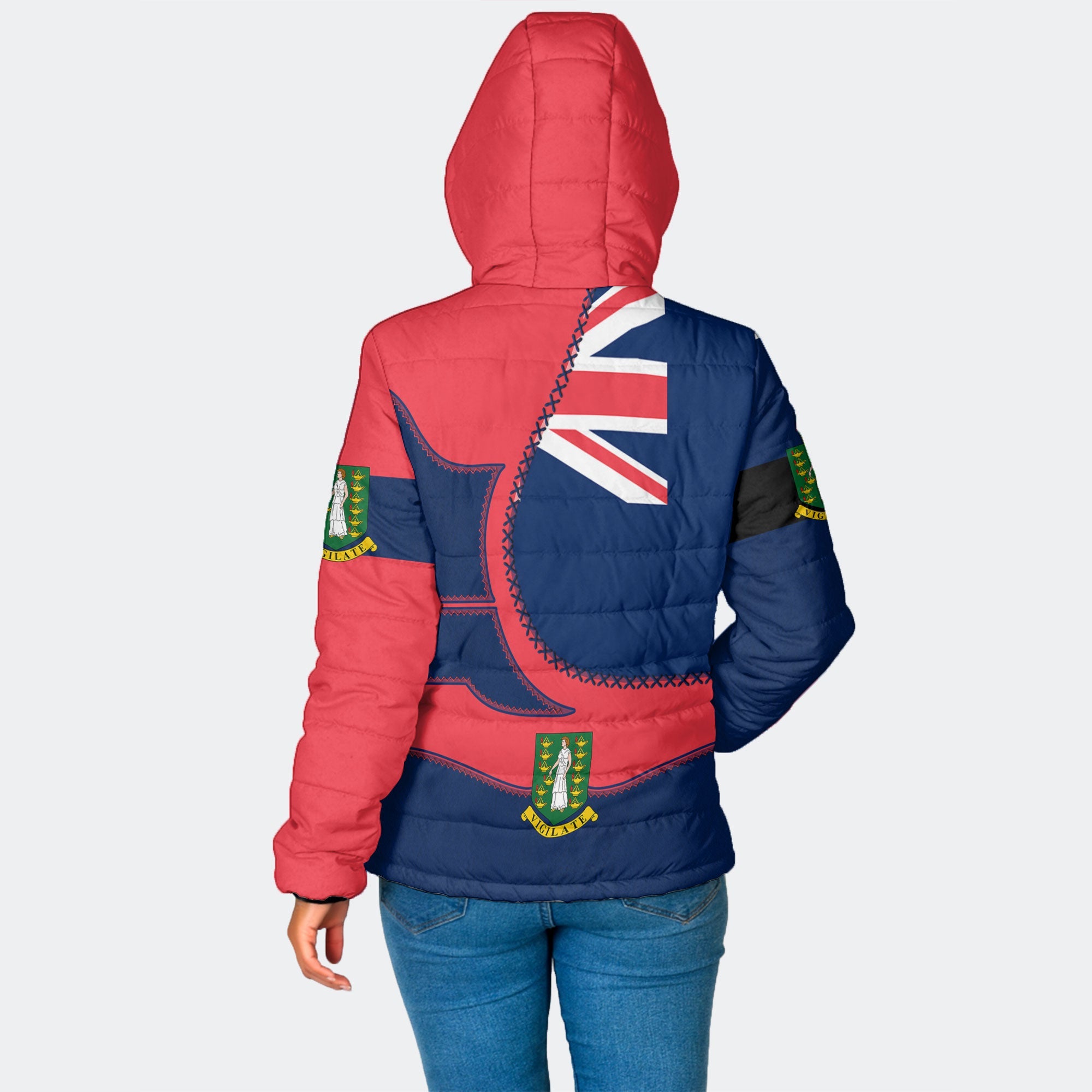 British Virgin Islands Women Hooded Padded Jacket Flag & Coat Of Arms Leather Style