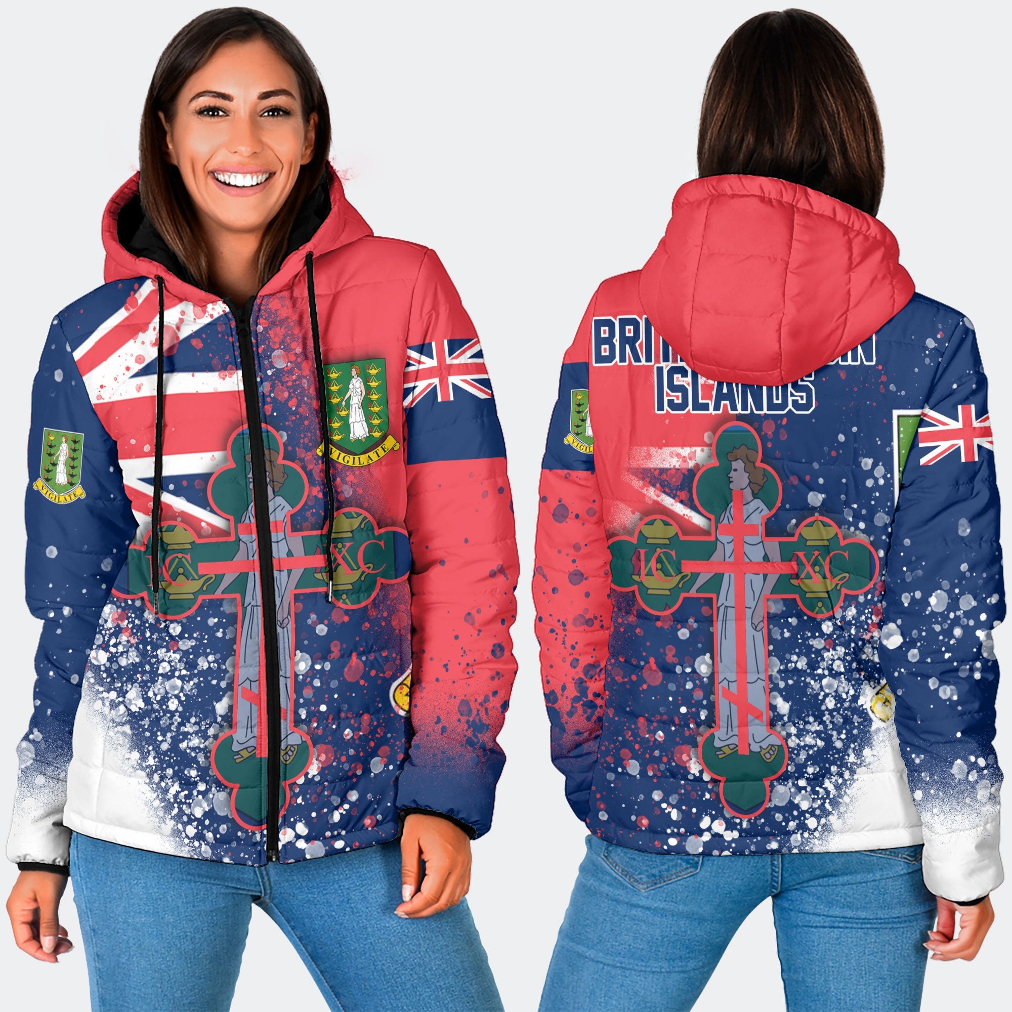 British Virgin Islands Women Hooded Padded Jacket Flag & Coat Of Arms Orthodox Style