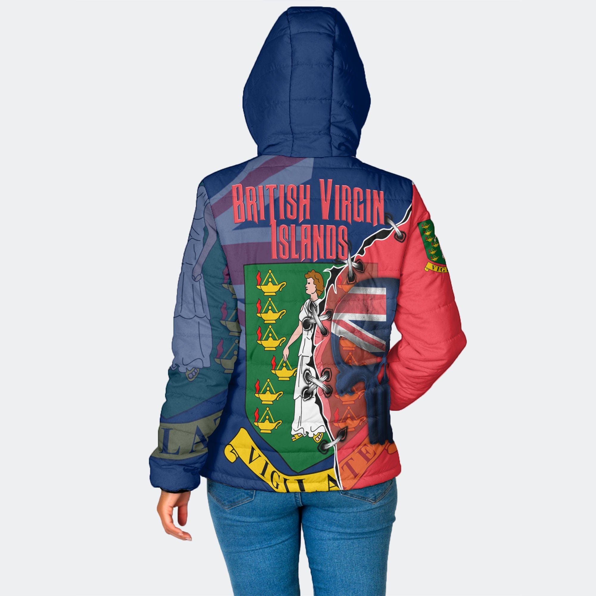 British Virgin Islands Women Hooded Padded Jacket Flag & Coat Of Arms Skull Style