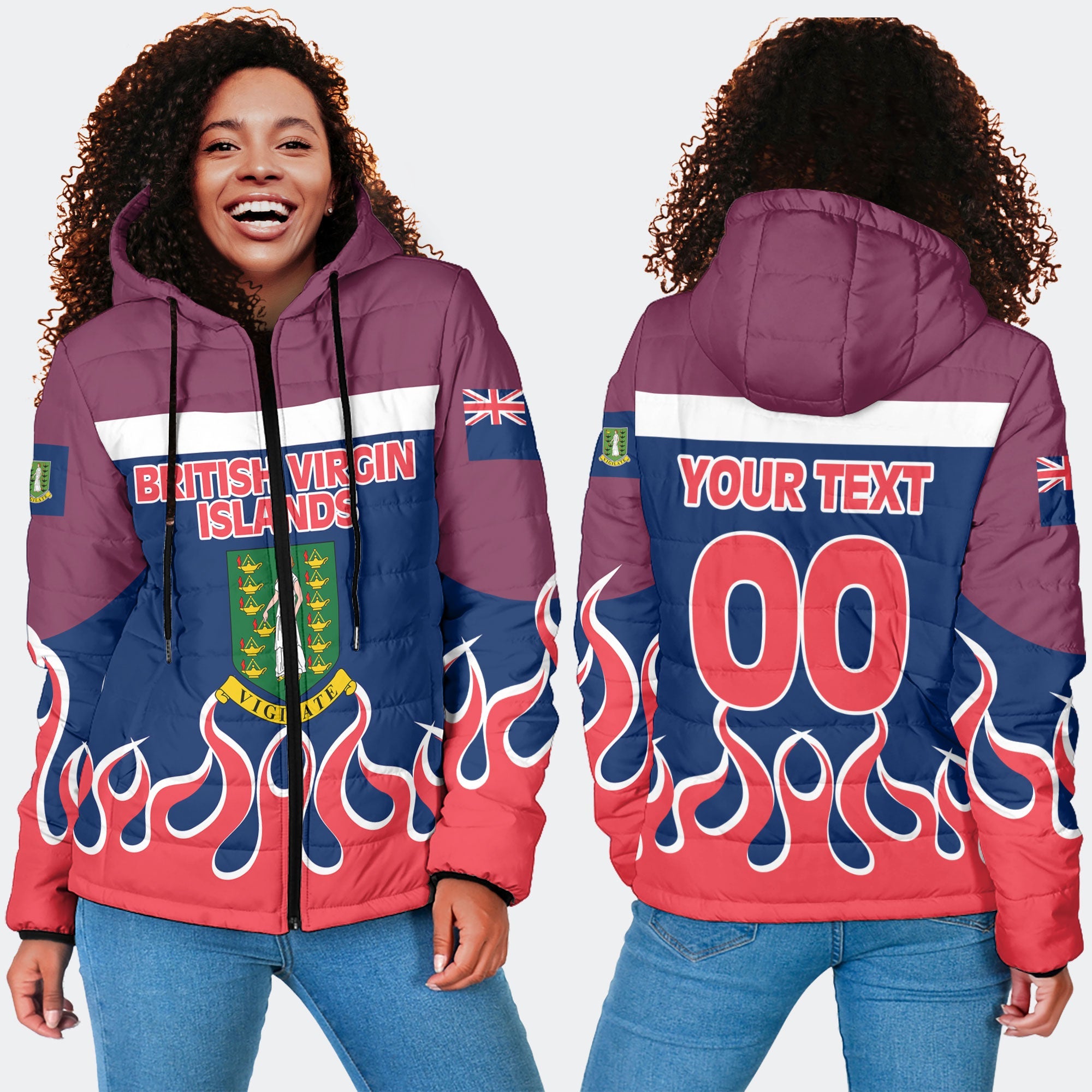 British Virgin Islands Women Hooded Padded Jacket Flag & Coat Of Arms Fire Hockey Style