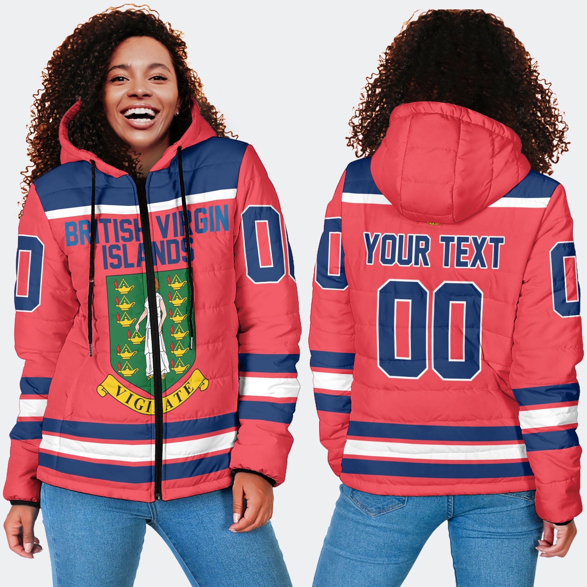 British Virgin Islands Women Hooded Padded Jacket Flag & Coat Of Arms Hockey Style