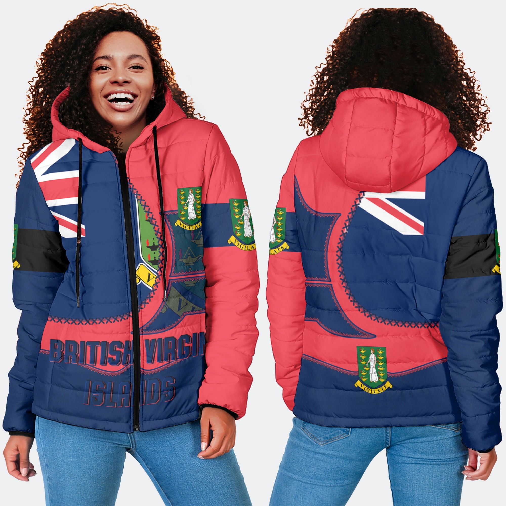 British Virgin Islands Women Hooded Padded Jacket Flag & Coat Of Arms Leather Style