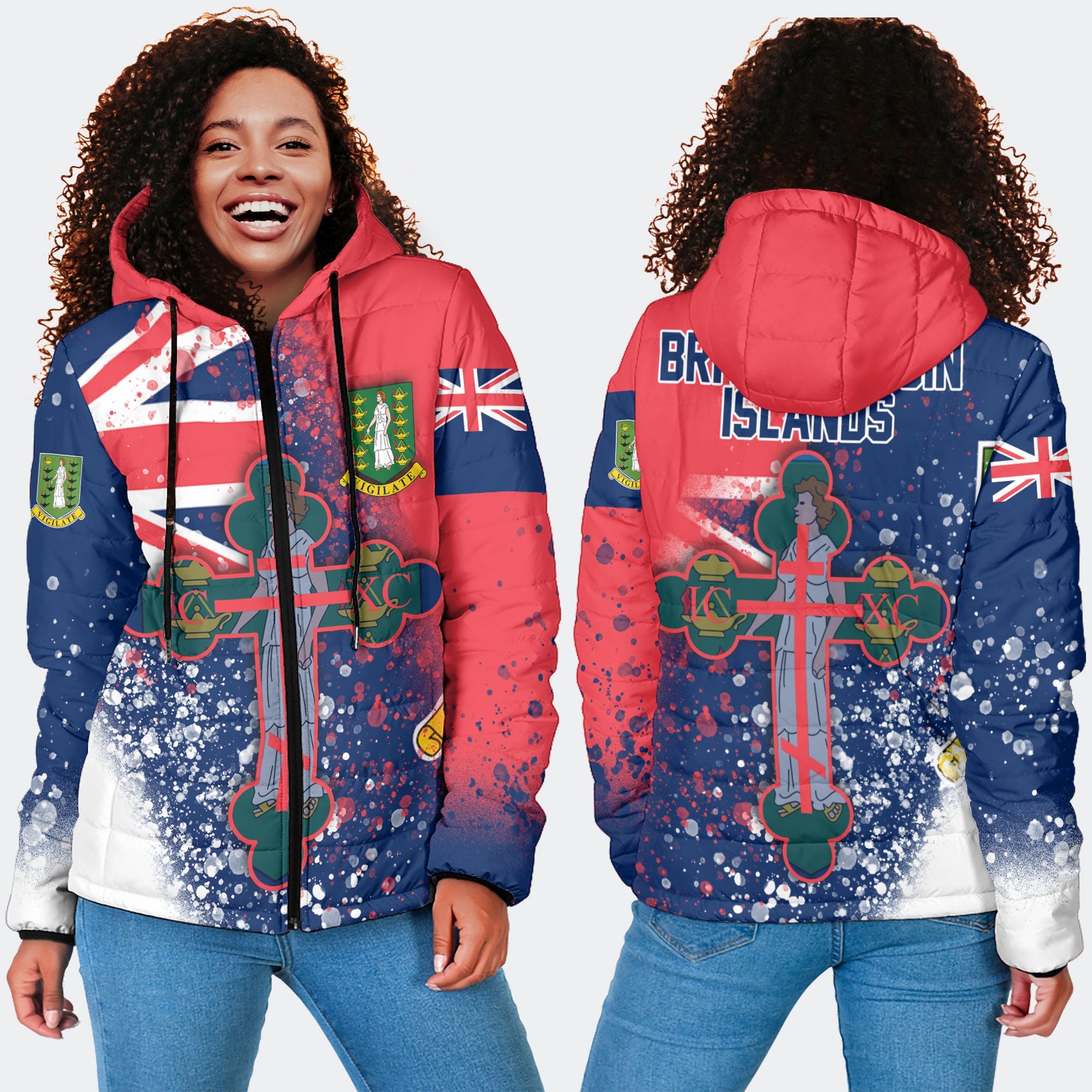 British Virgin Islands Women Hooded Padded Jacket Flag & Coat Of Arms Orthodox Style