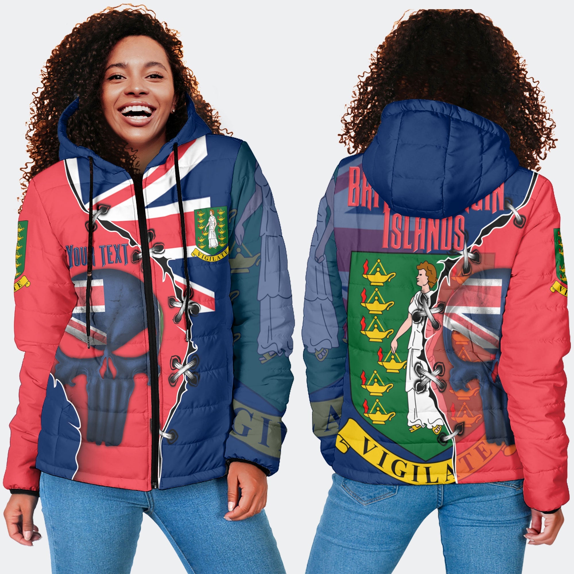 British Virgin Islands Women Hooded Padded Jacket Flag & Coat Of Arms Skull Style