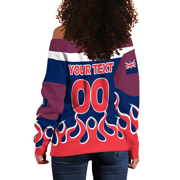 British Virgin Islands Women Off Shoulder Sweatshirt Flag & Coat Of Arms Fire Hockey Style