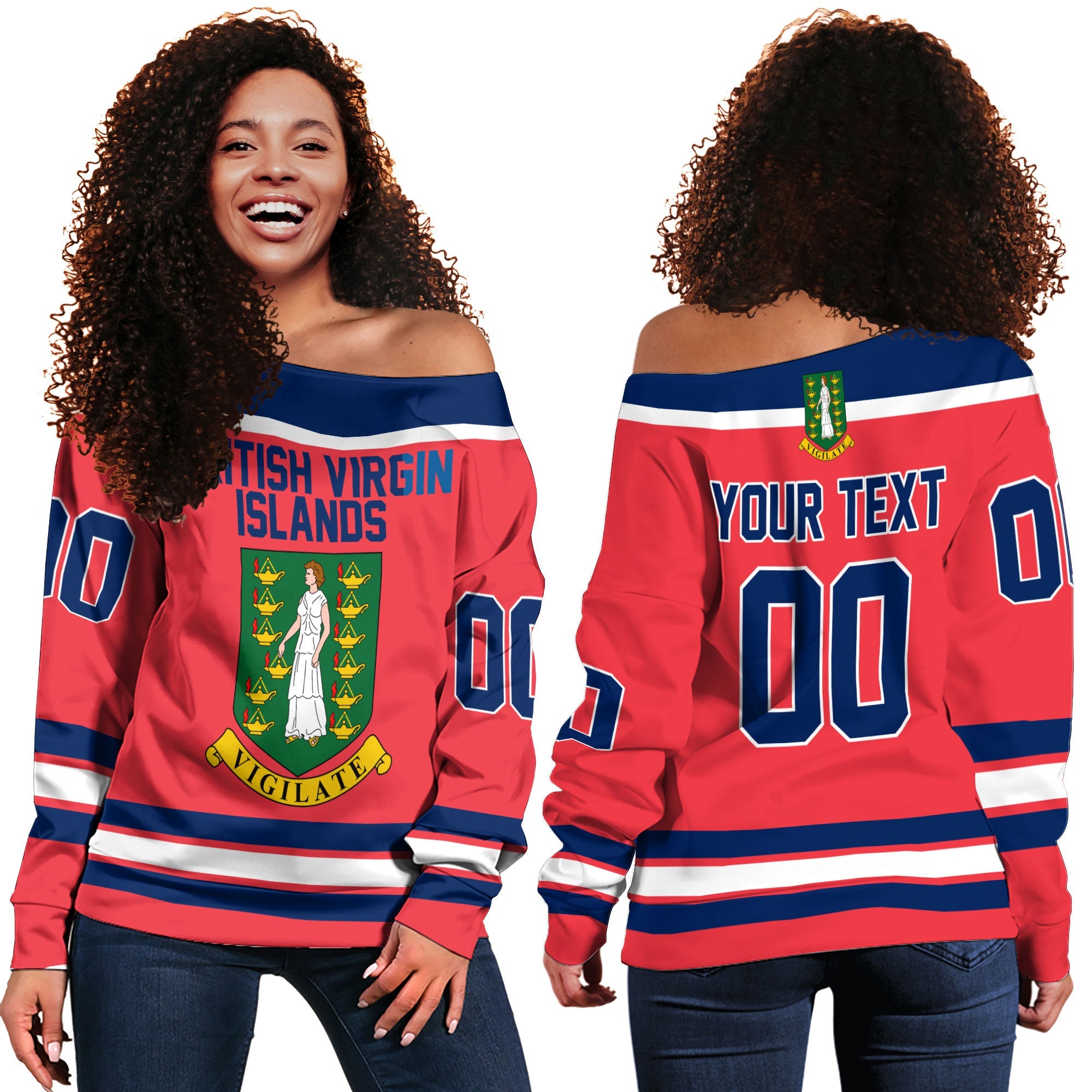 British Virgin Islands Women Off Shoulder Sweatshirt Flag & Coat Of Arms Hockey Style